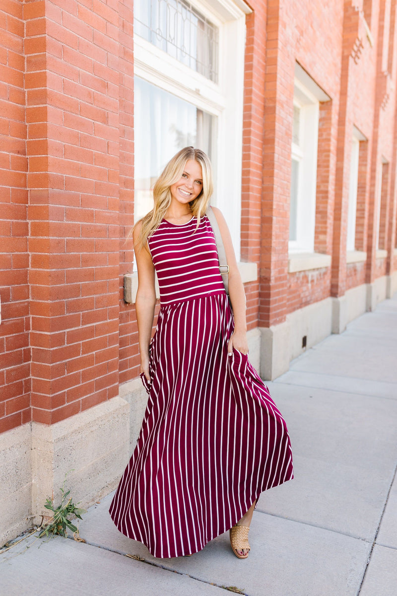 Have It Both Ways Striped Dress In Wine