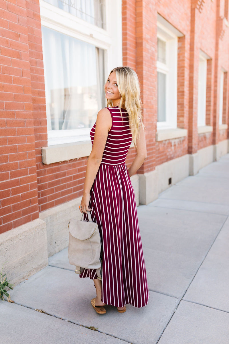 Have It Both Ways Striped Dress In Wine