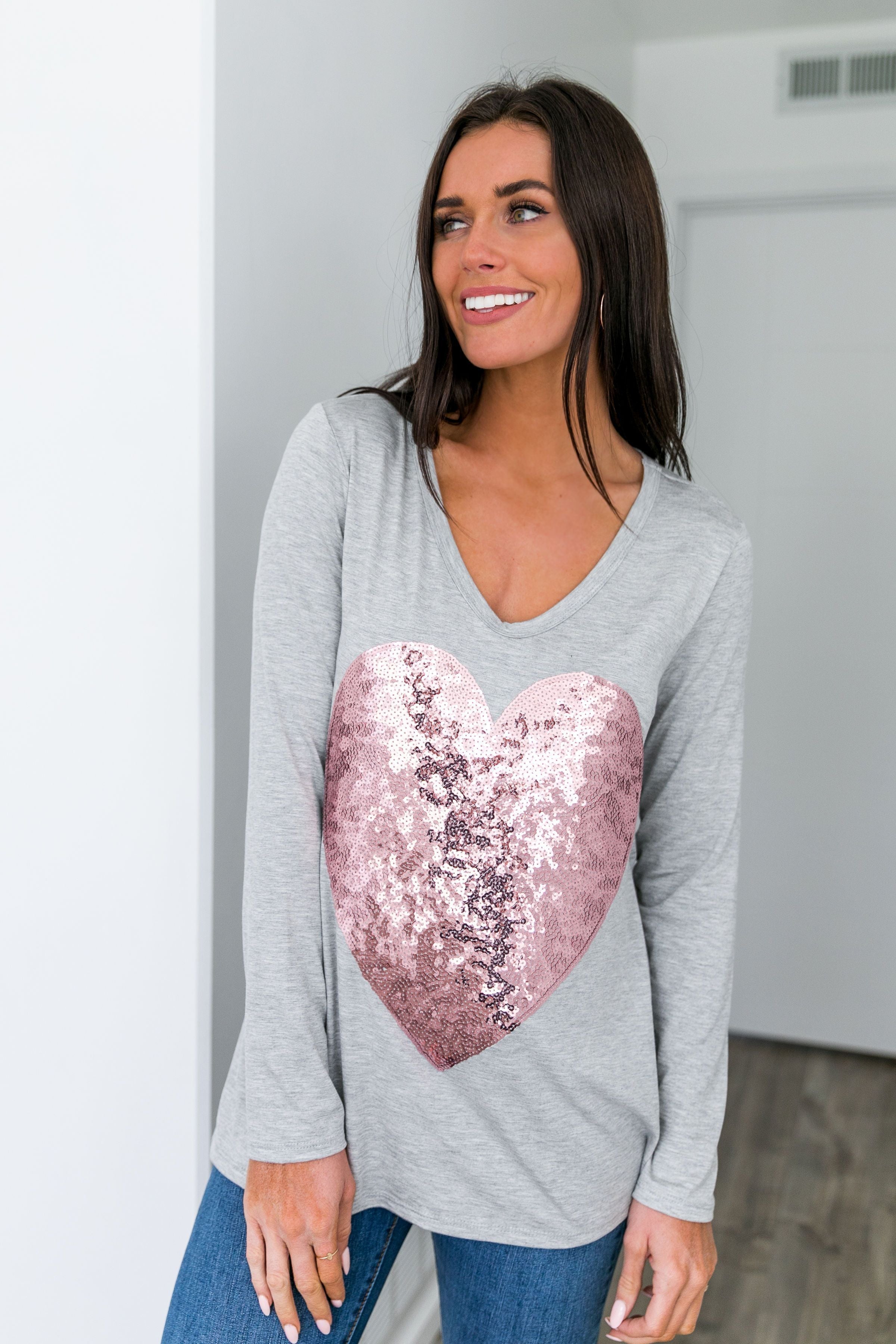 Heart's Delight Sequin Top In Gray + Pink