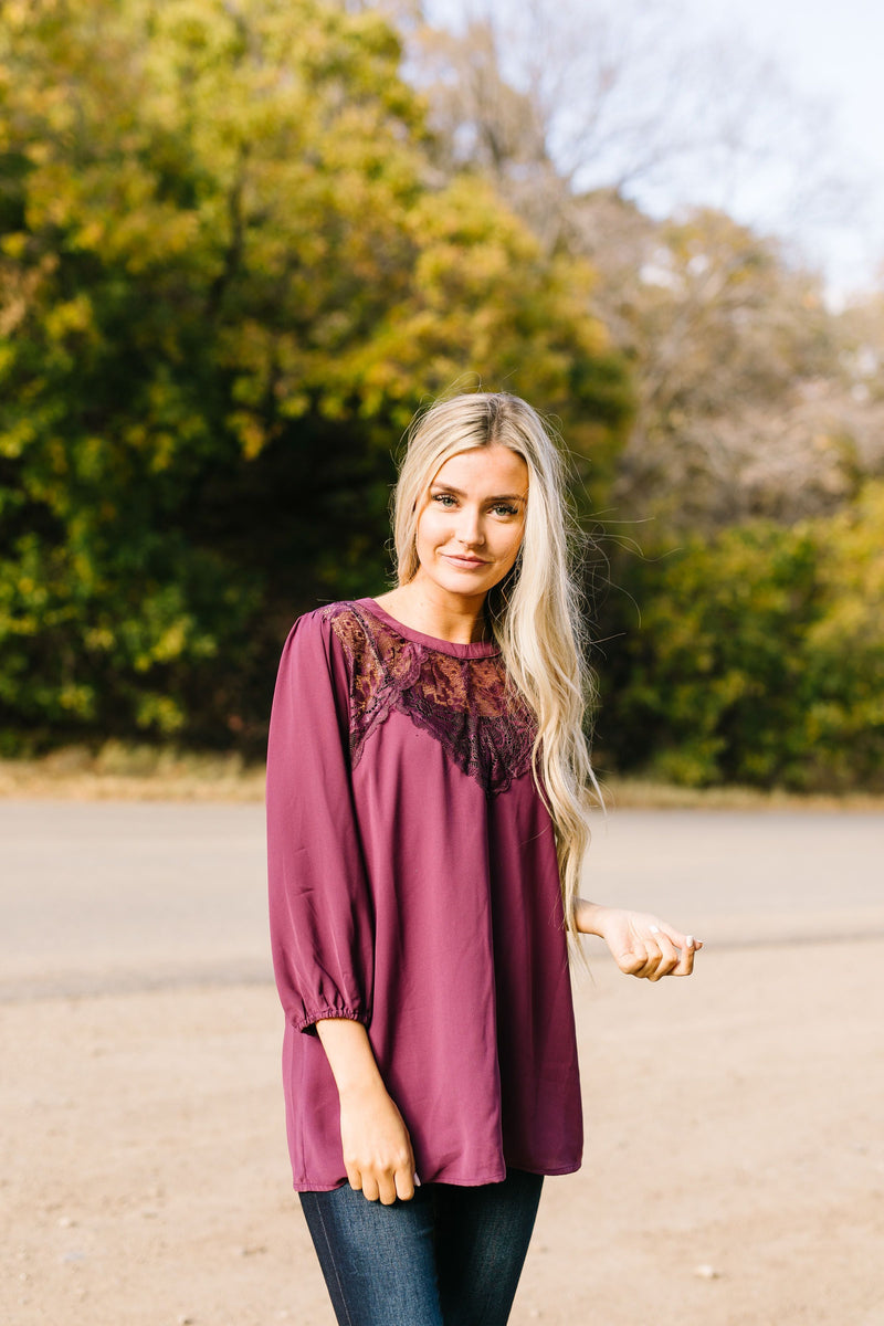 Heavenly Holiday Lace Inset Blouse In Plum - ALL SALES FINAL