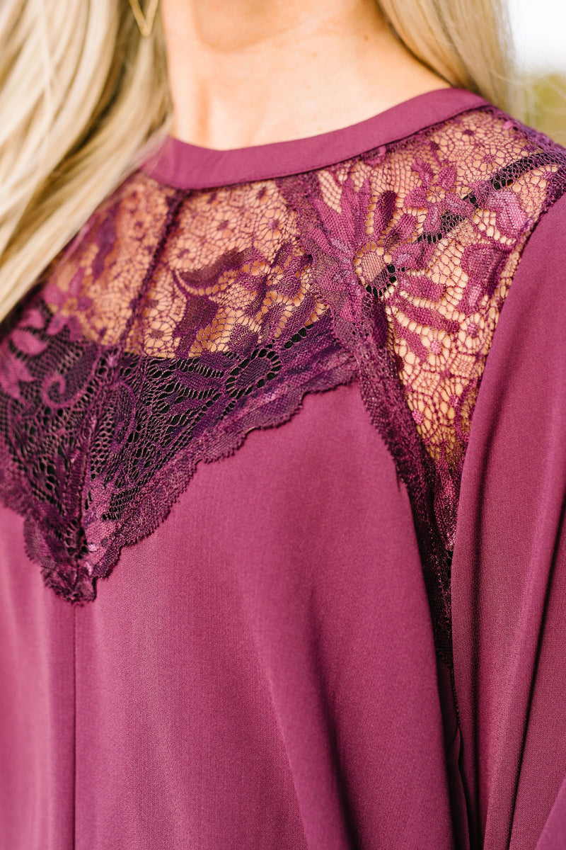 Heavenly Holiday Lace Inset Blouse In Plum - ALL SALES FINAL