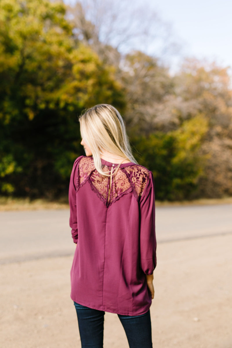 Heavenly Holiday Lace Inset Blouse In Plum - ALL SALES FINAL