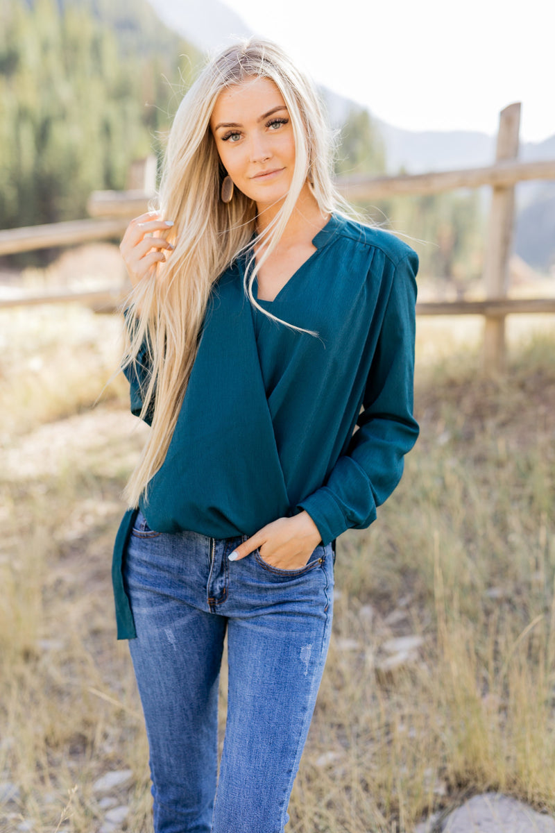 Hillary High Low Wrap Top In Hunter Green - ALL SALES FINAL
