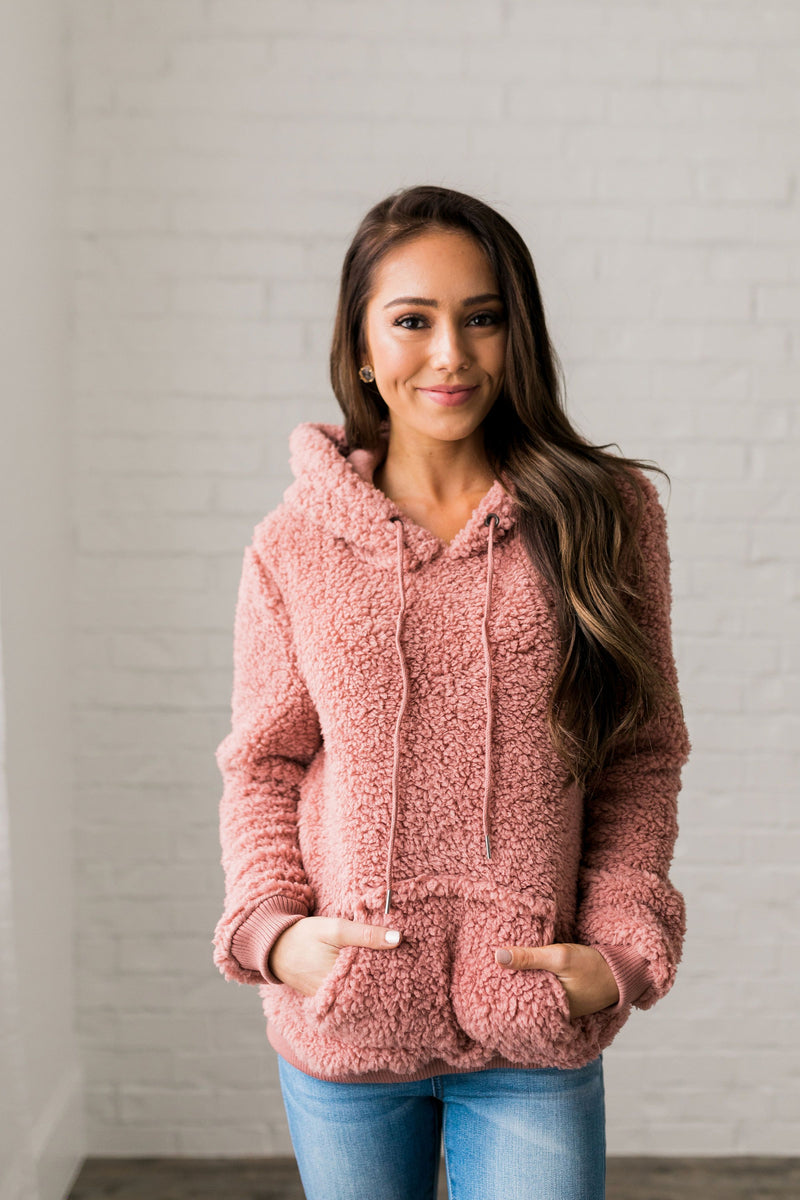 Kangaroo Pocket Shearling Hoodie In Mauve