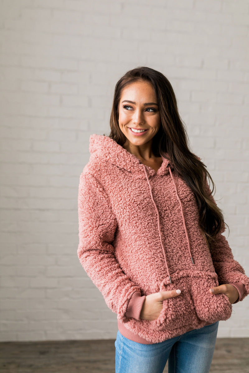 Kangaroo Pocket Shearling Hoodie In Mauve