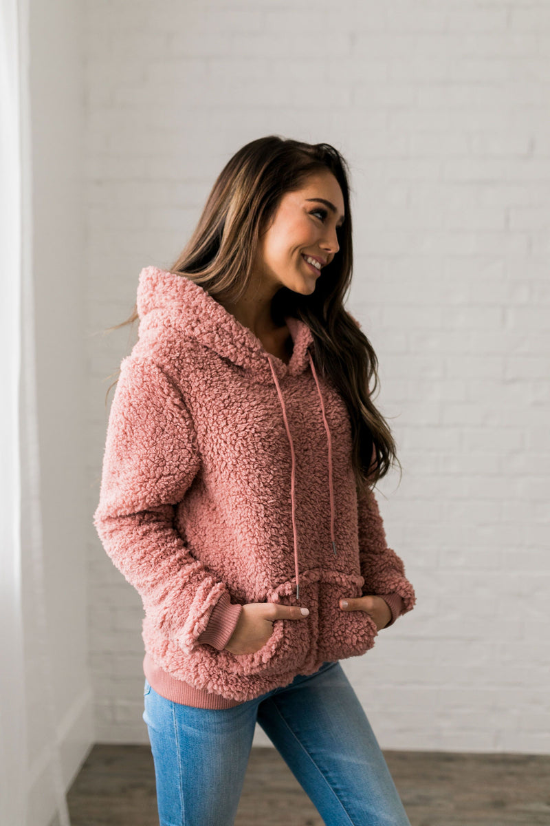 Kangaroo Pocket Shearling Hoodie In Mauve