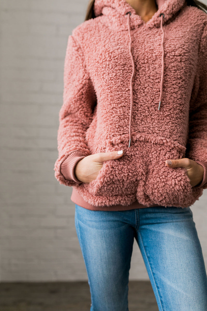 Kangaroo Pocket Shearling Hoodie In Mauve