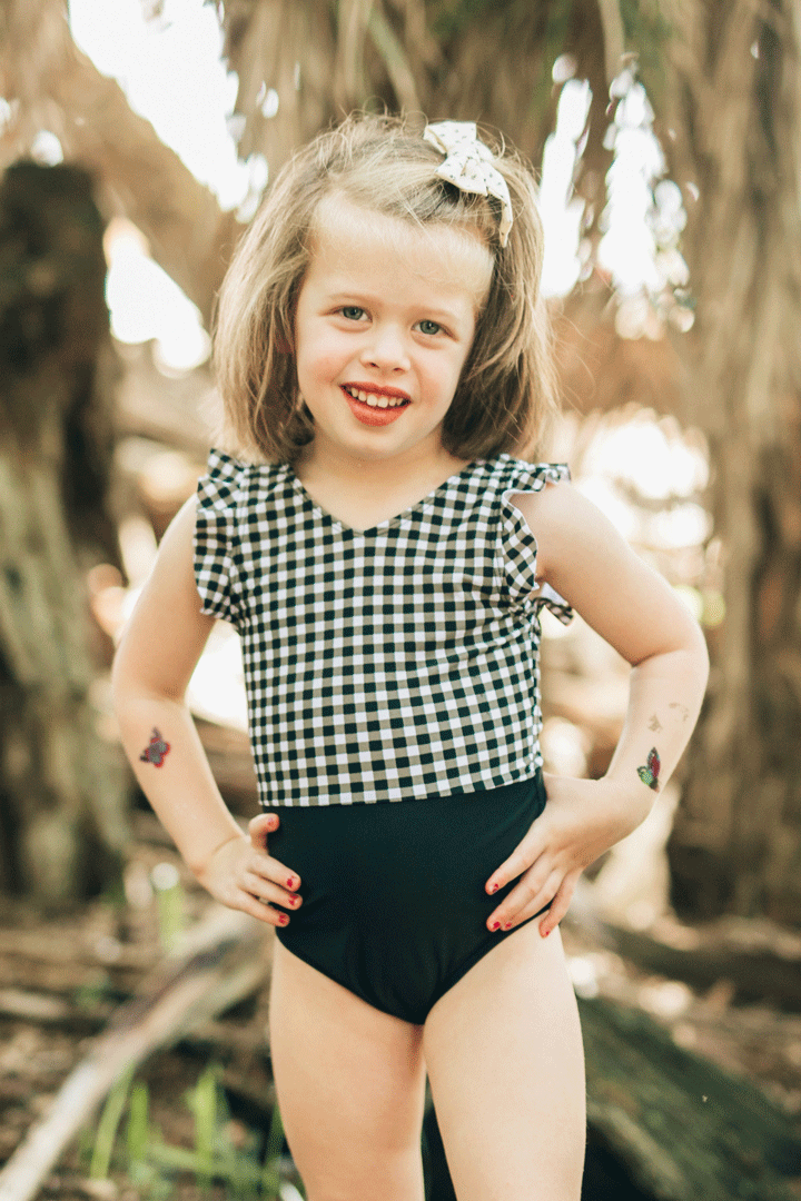 Kids B&W Gingham Ruffle Sleeve One Piece
