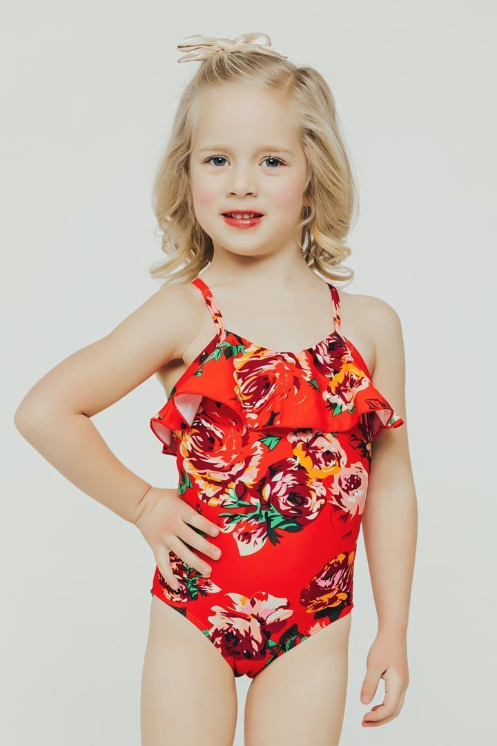 Kids Red Floral Ruffle One Piece