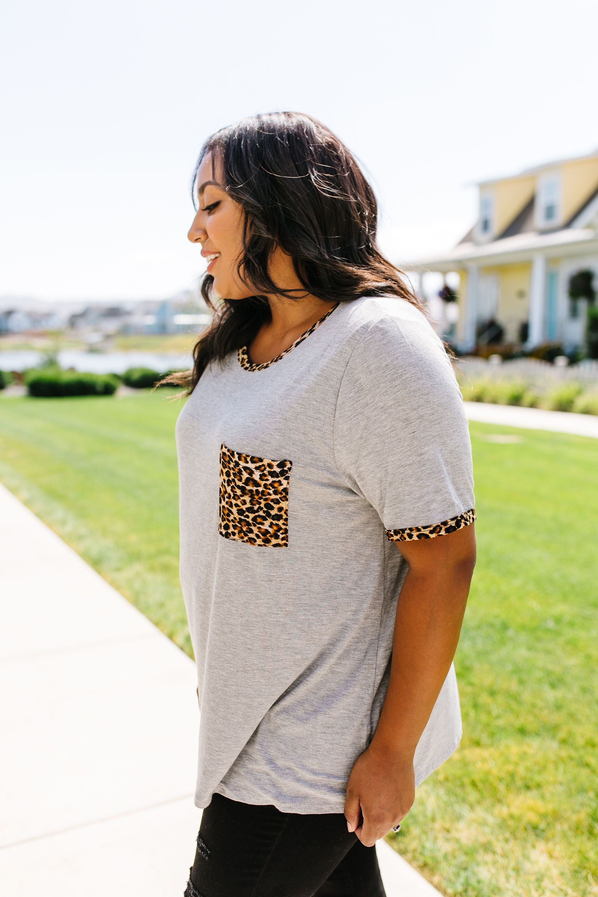 Leopard Trim Heather Gray Tee