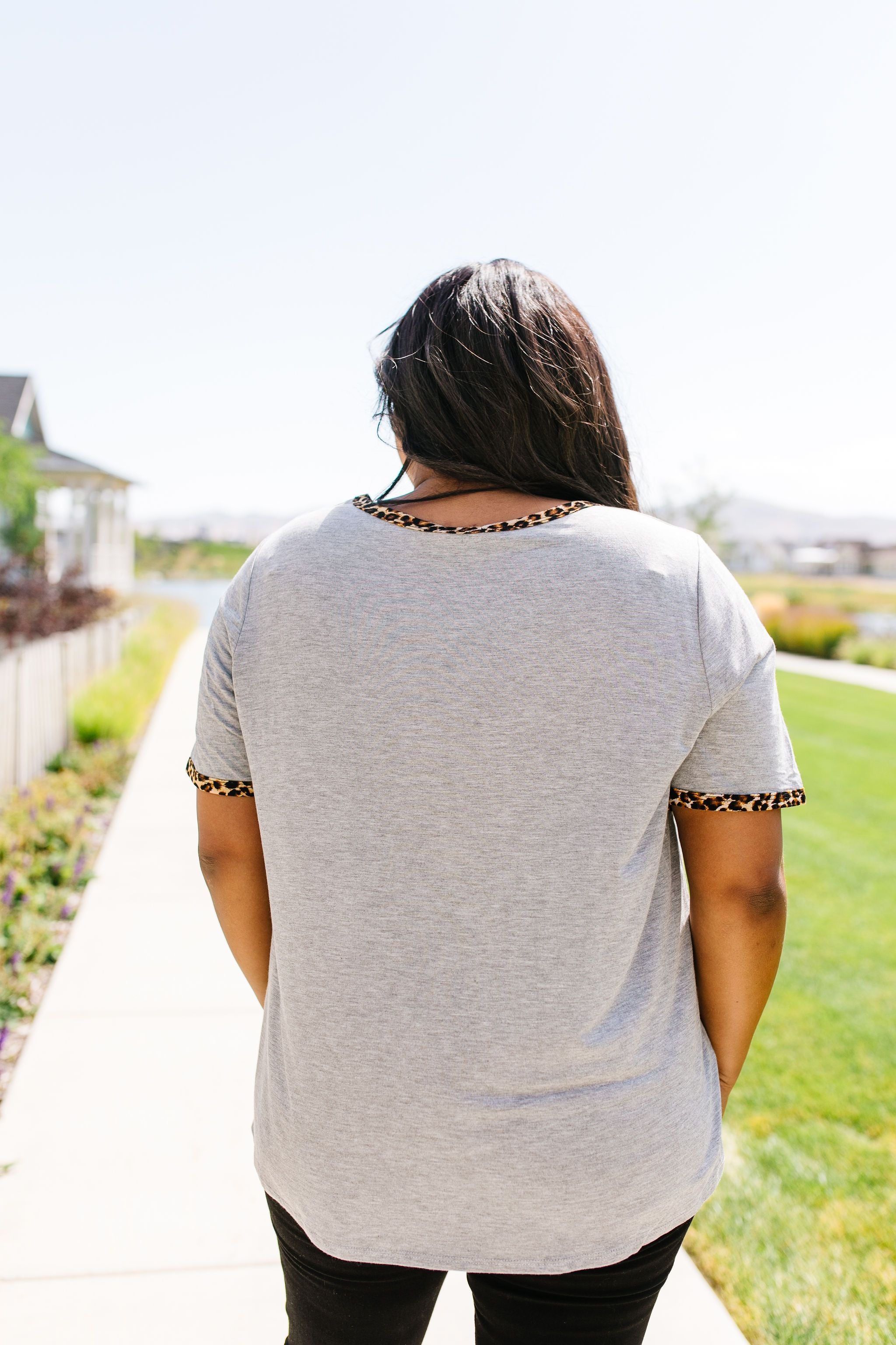 Leopard Trim Heather Gray Tee