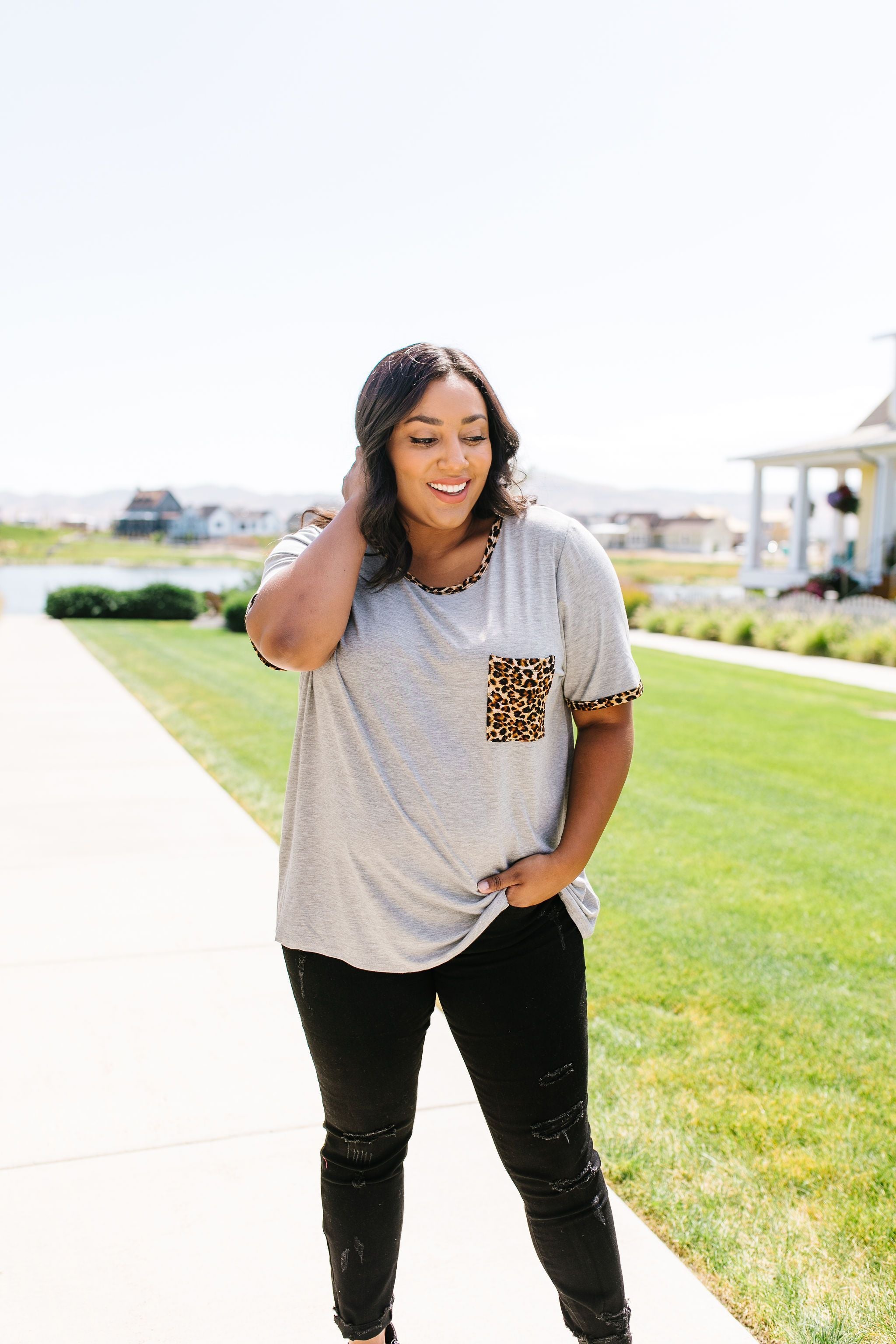 Leopard Trim Heather Gray Tee
