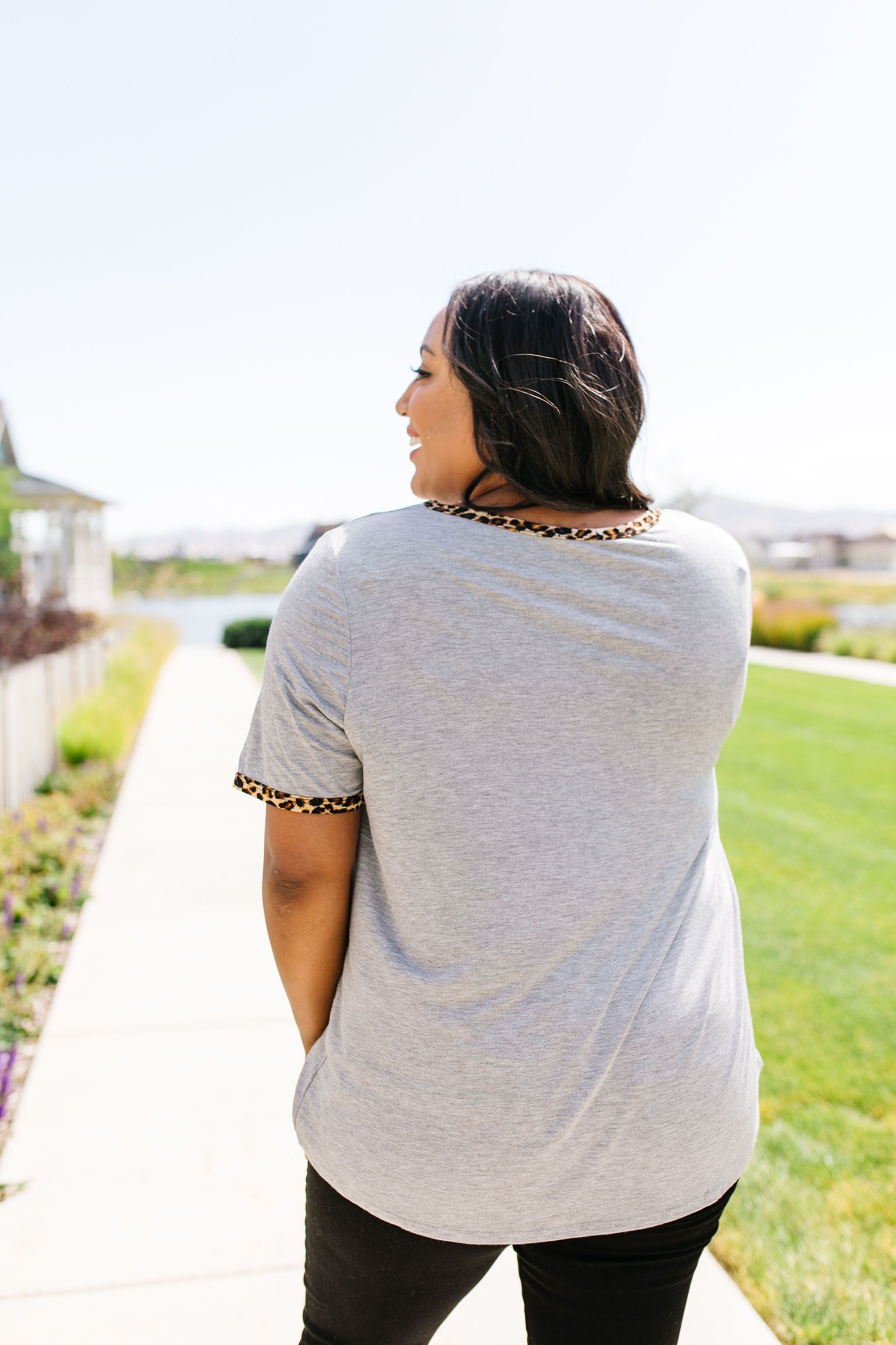 Leopard Trim Heather Gray Tee