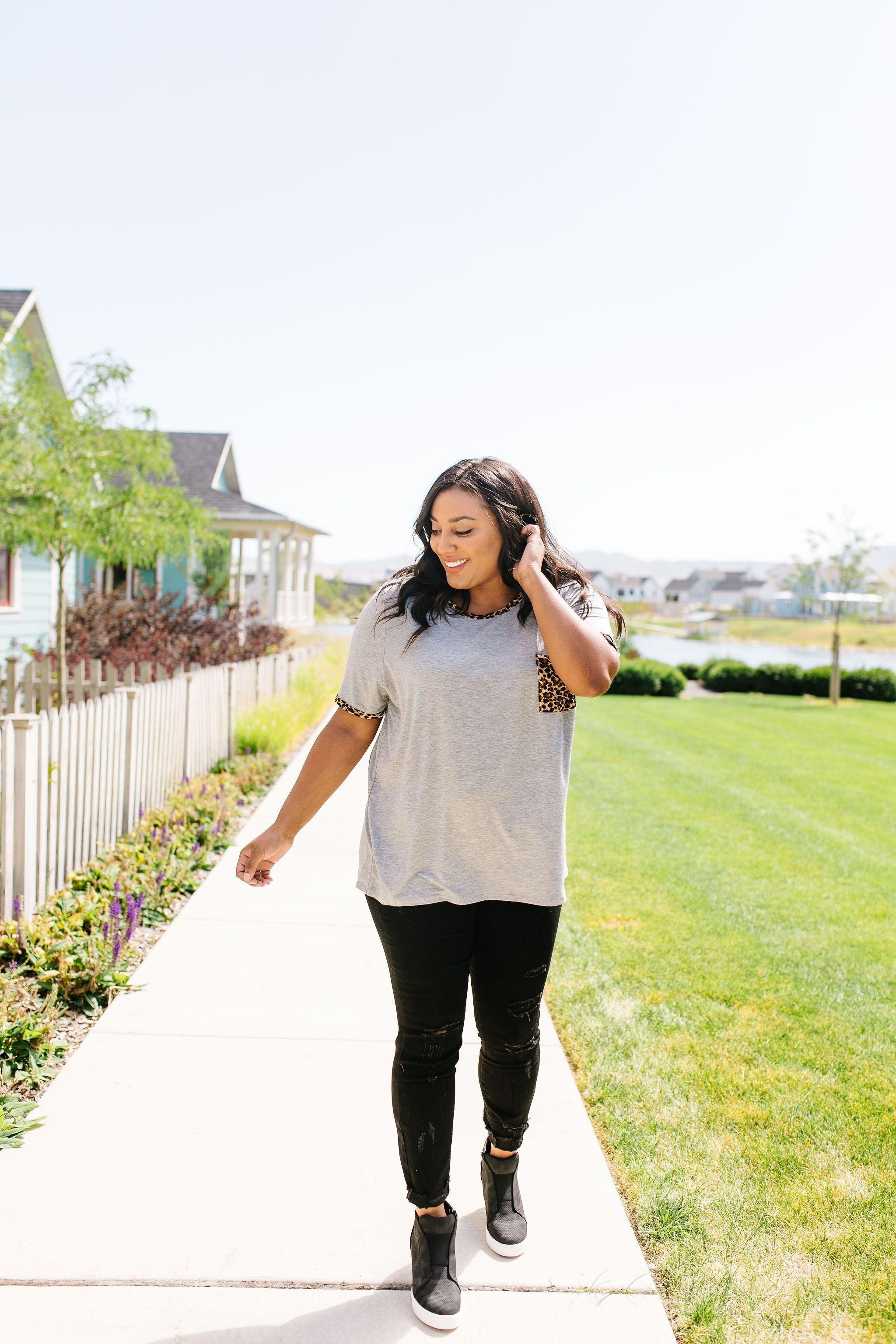 Leopard Trim Heather Gray Tee