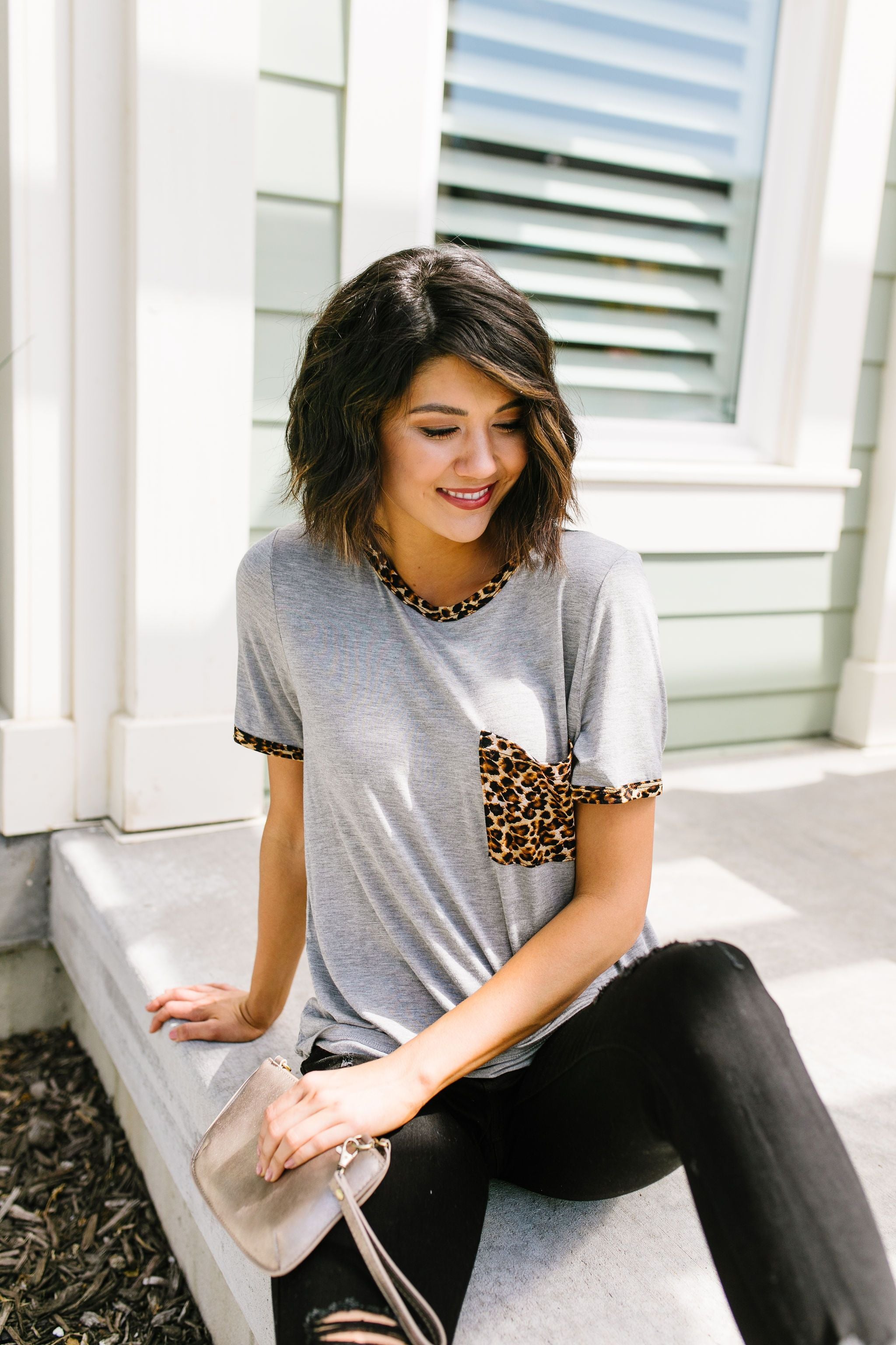 Leopard Trim Heather Gray Tee