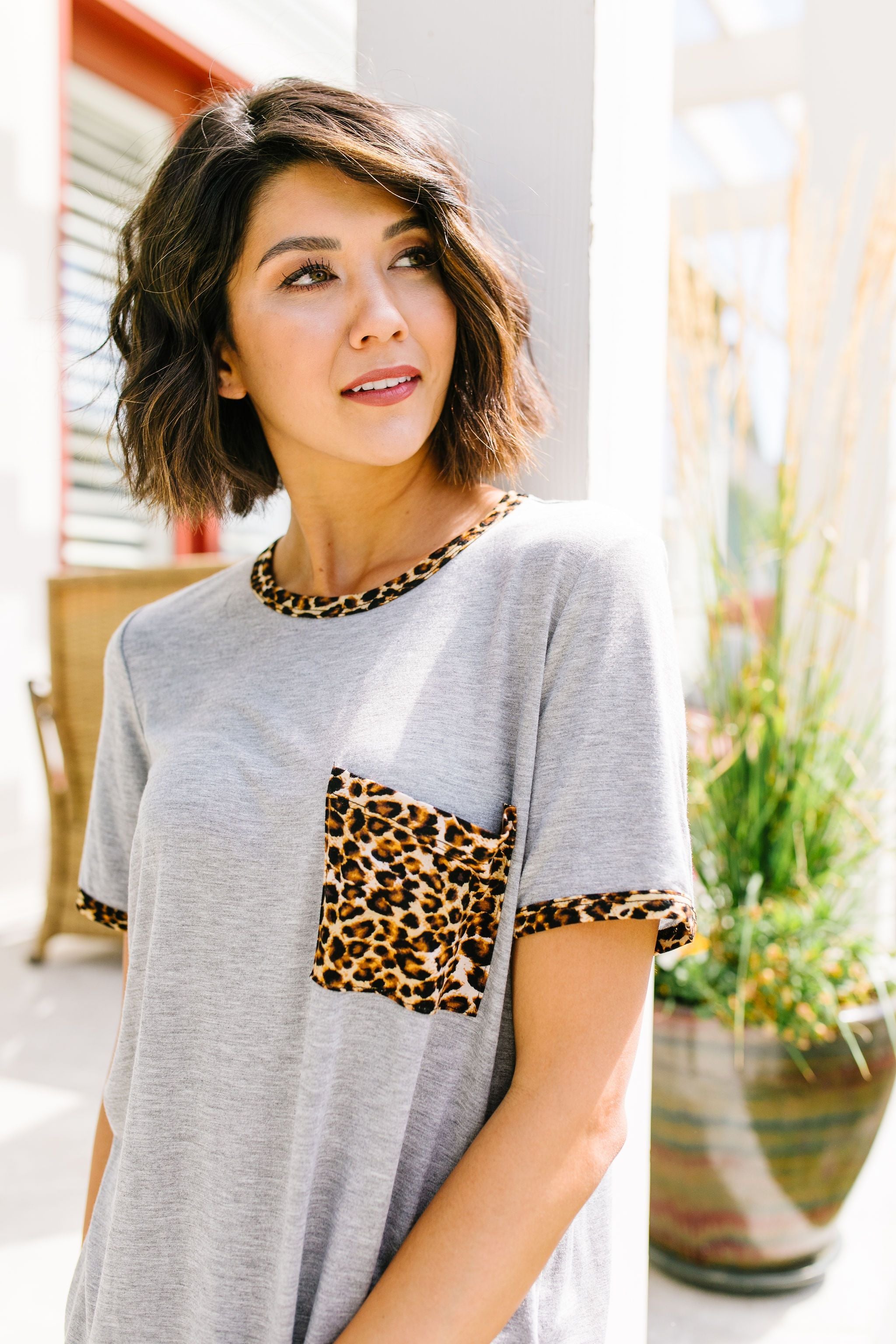 Leopard Trim Heather Gray Tee