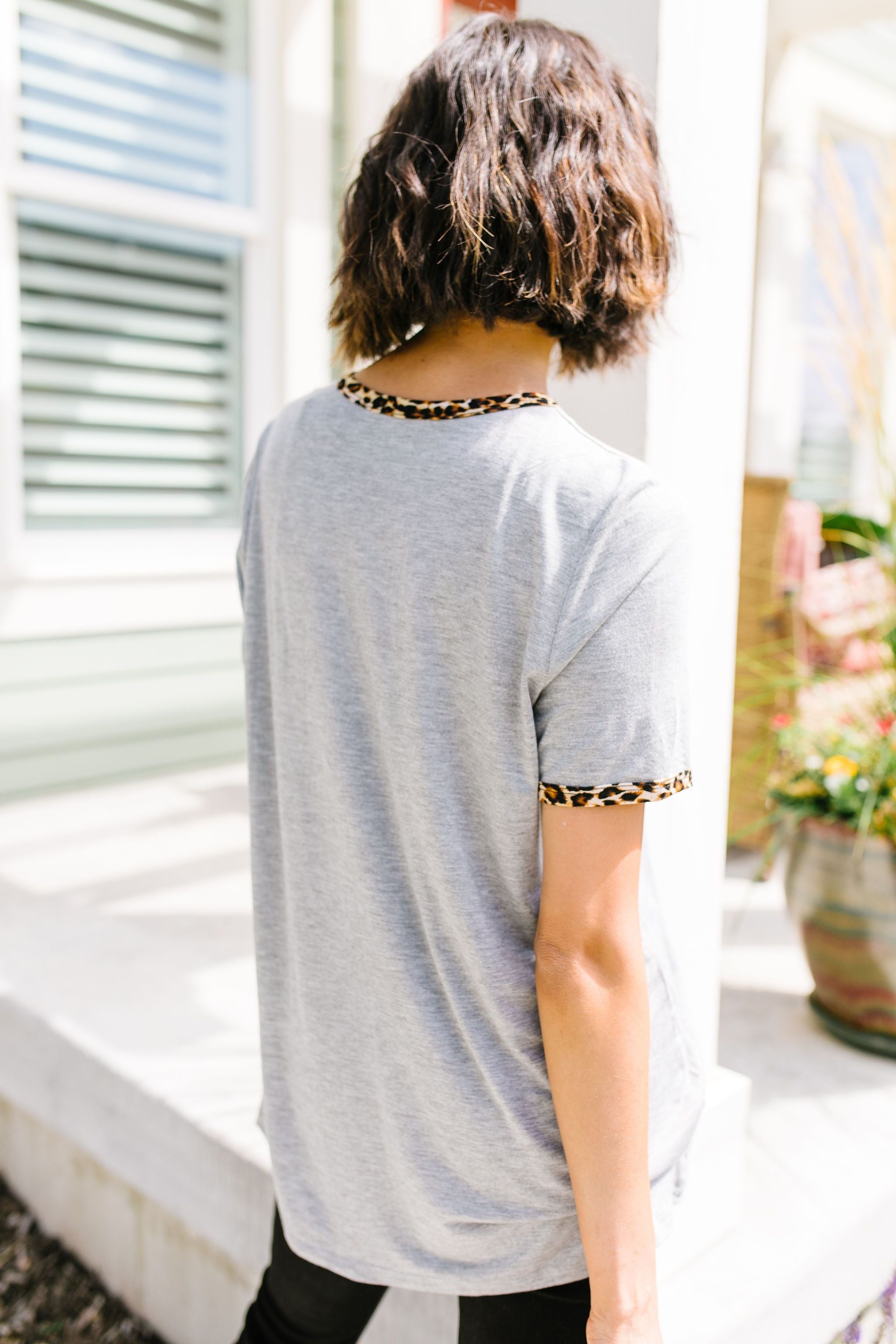 Leopard Trim Heather Gray Tee