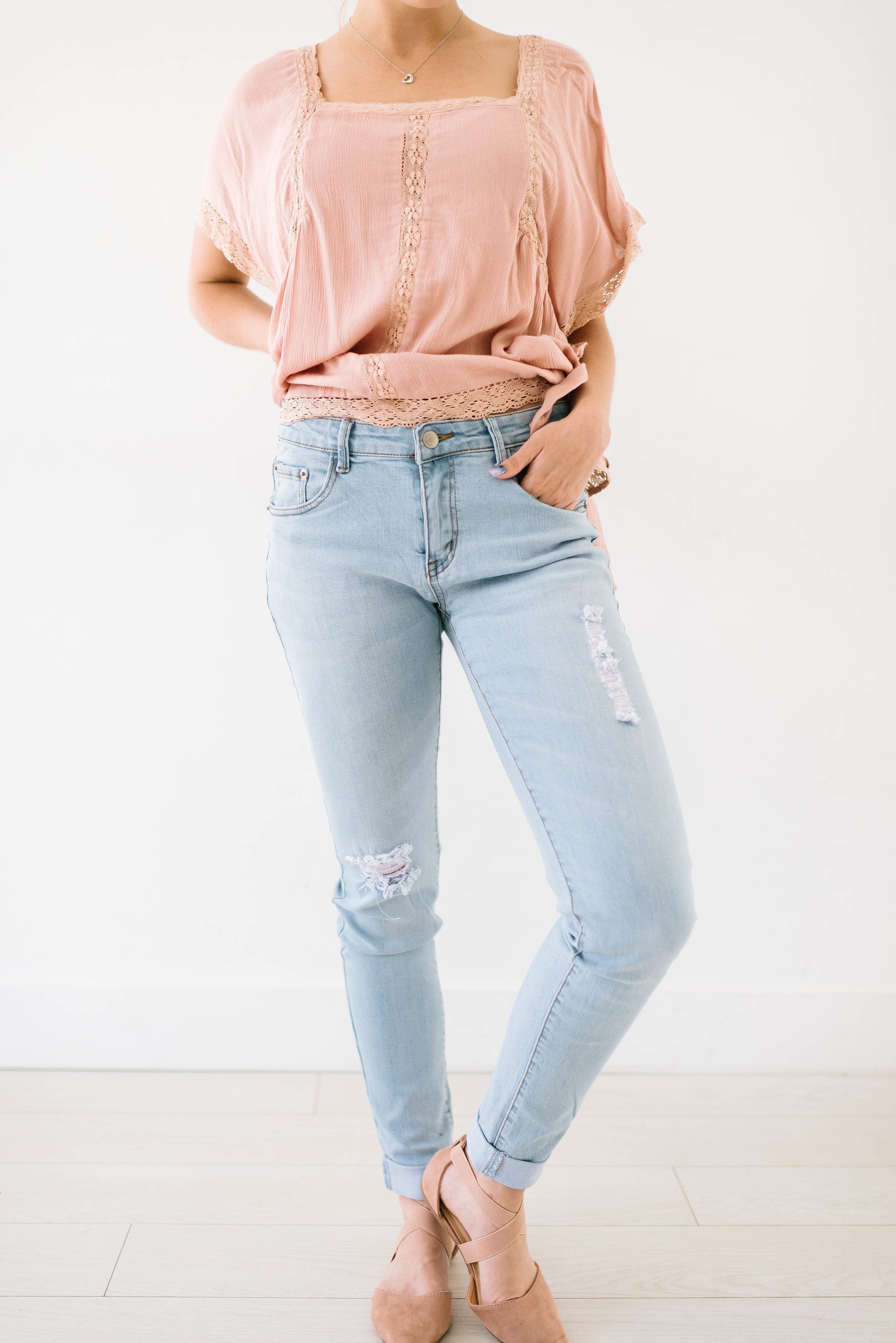 Light Wash Distressed Rolled Hem Jeans