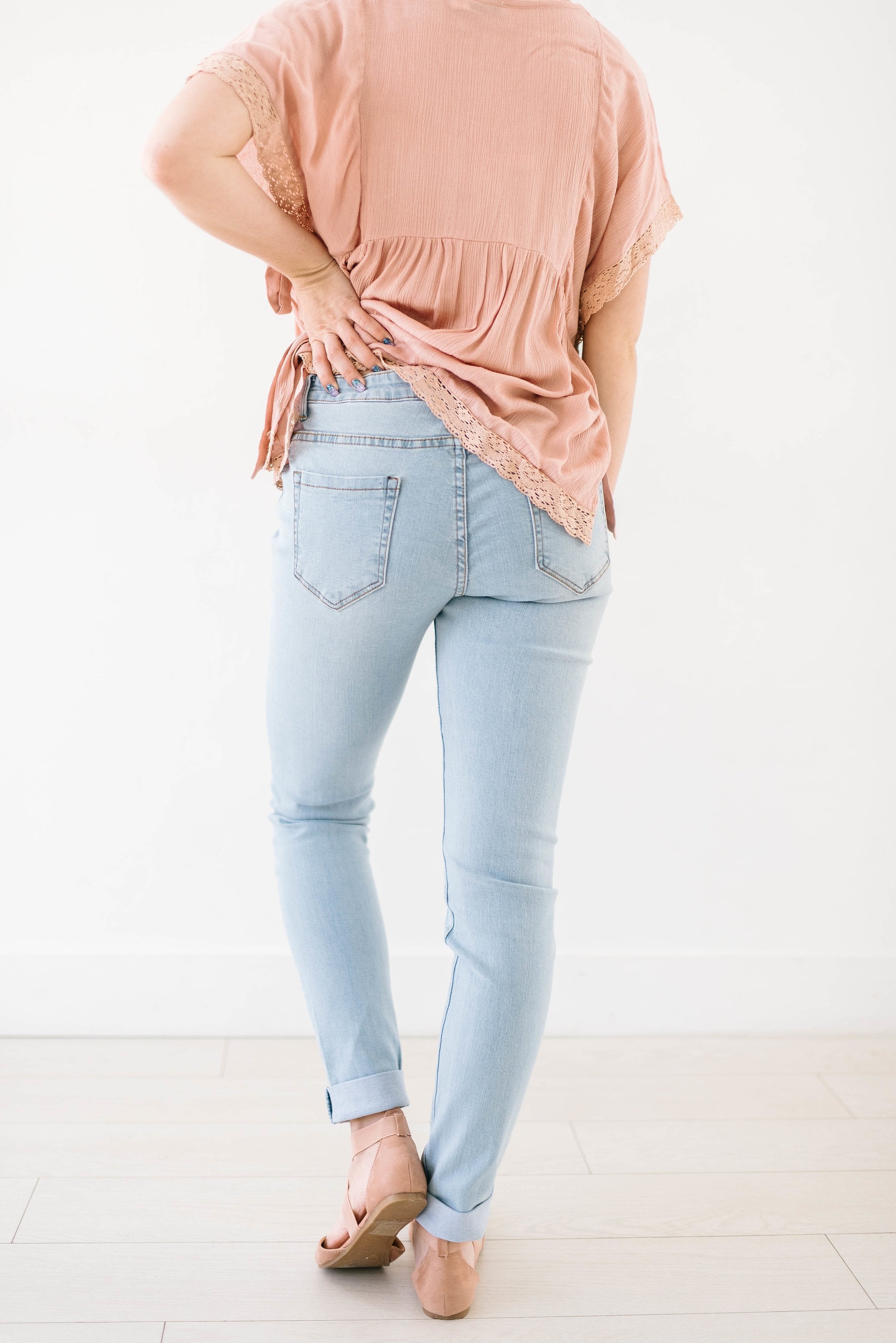 Light Wash Distressed Rolled Hem Jeans