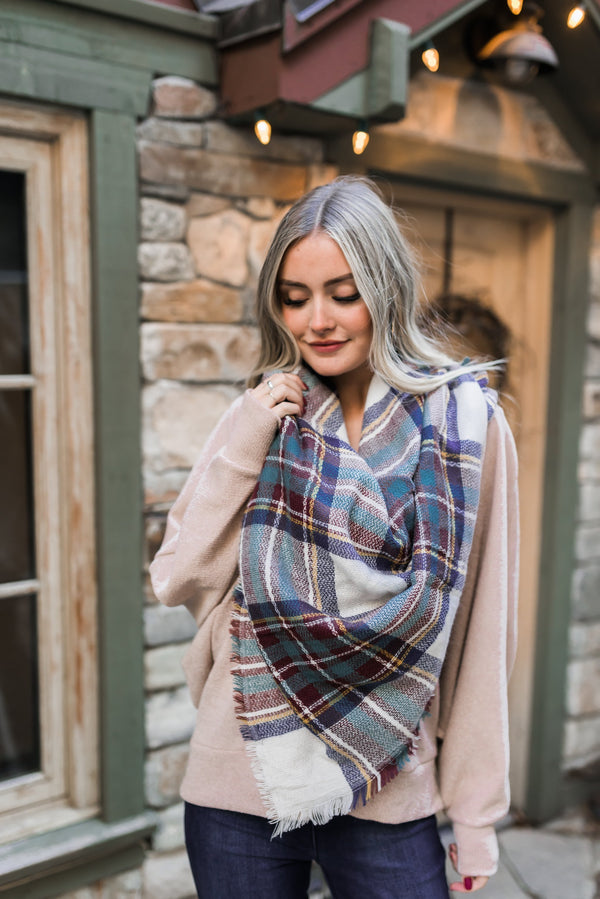 Mad For Plaid Blanket Scarf In Wine + Sage