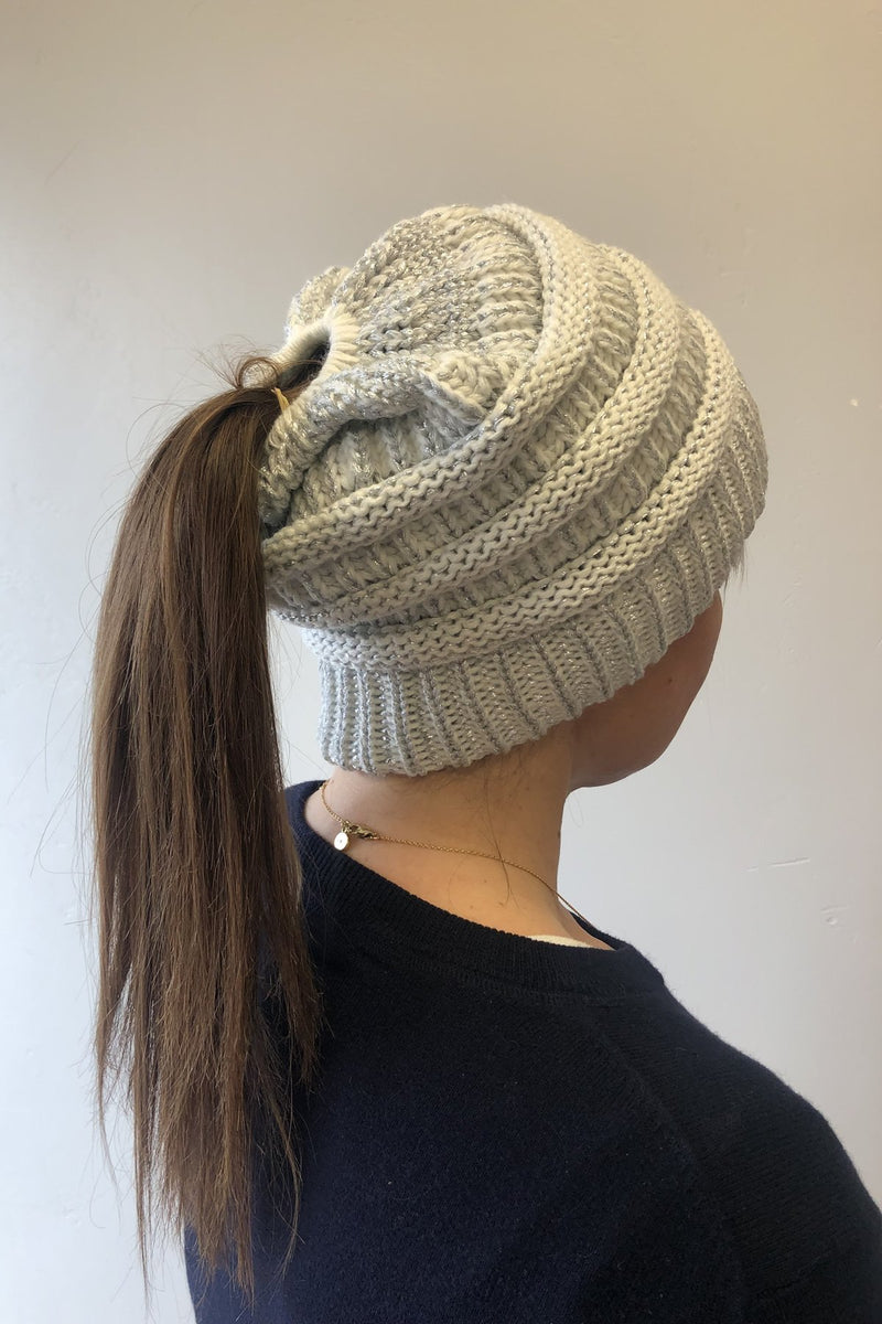 Messy Bun Metallic Beanie In Ivory Metallic Silver - ALL SALES FINAL