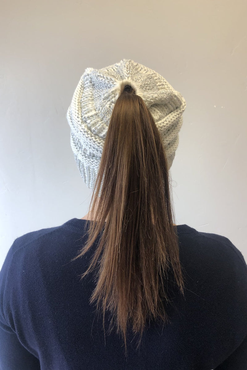 Messy Bun Metallic Beanie In Ivory Metallic Silver - ALL SALES FINAL