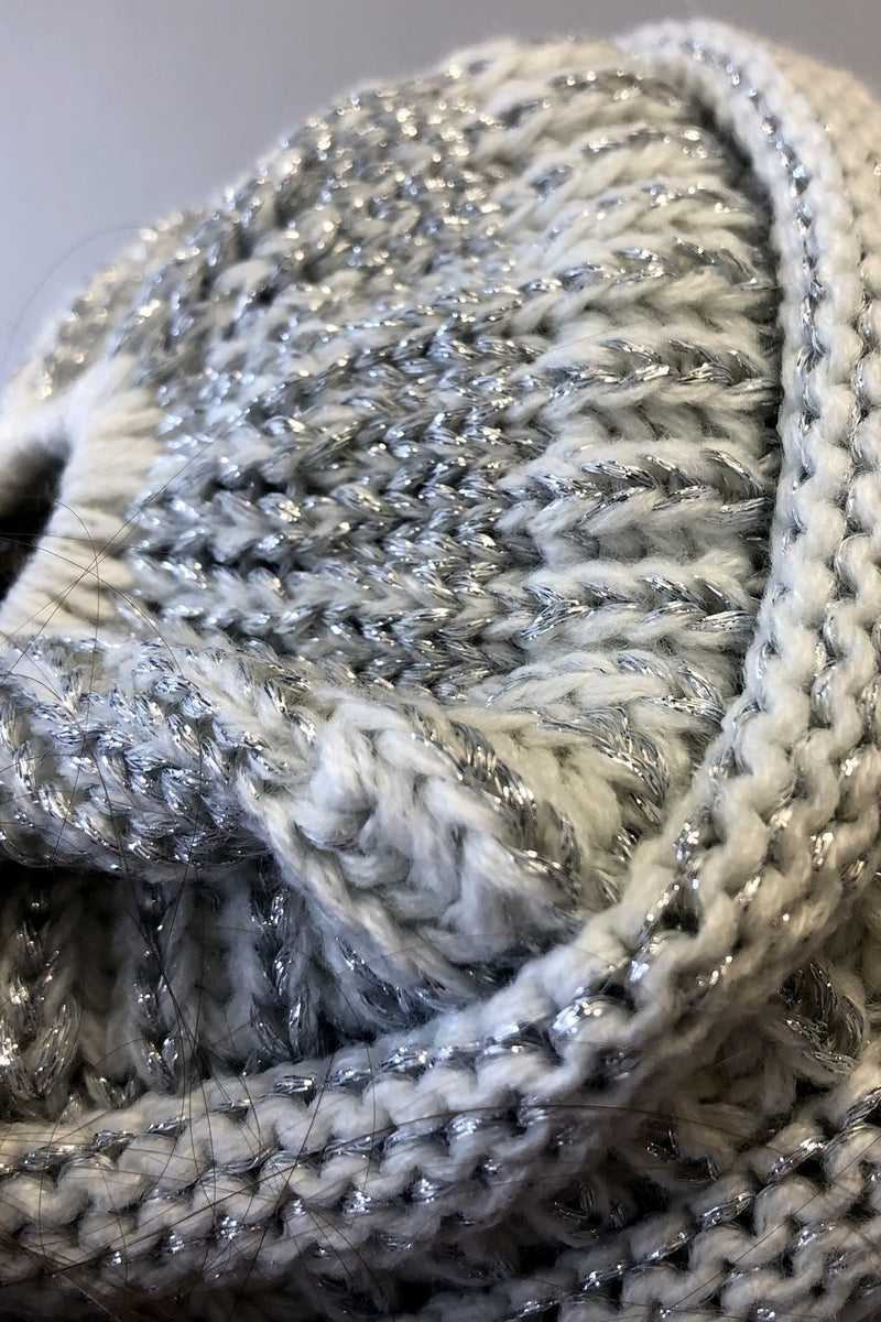 Messy Bun Metallic Beanie In Ivory Metallic Silver - ALL SALES FINAL