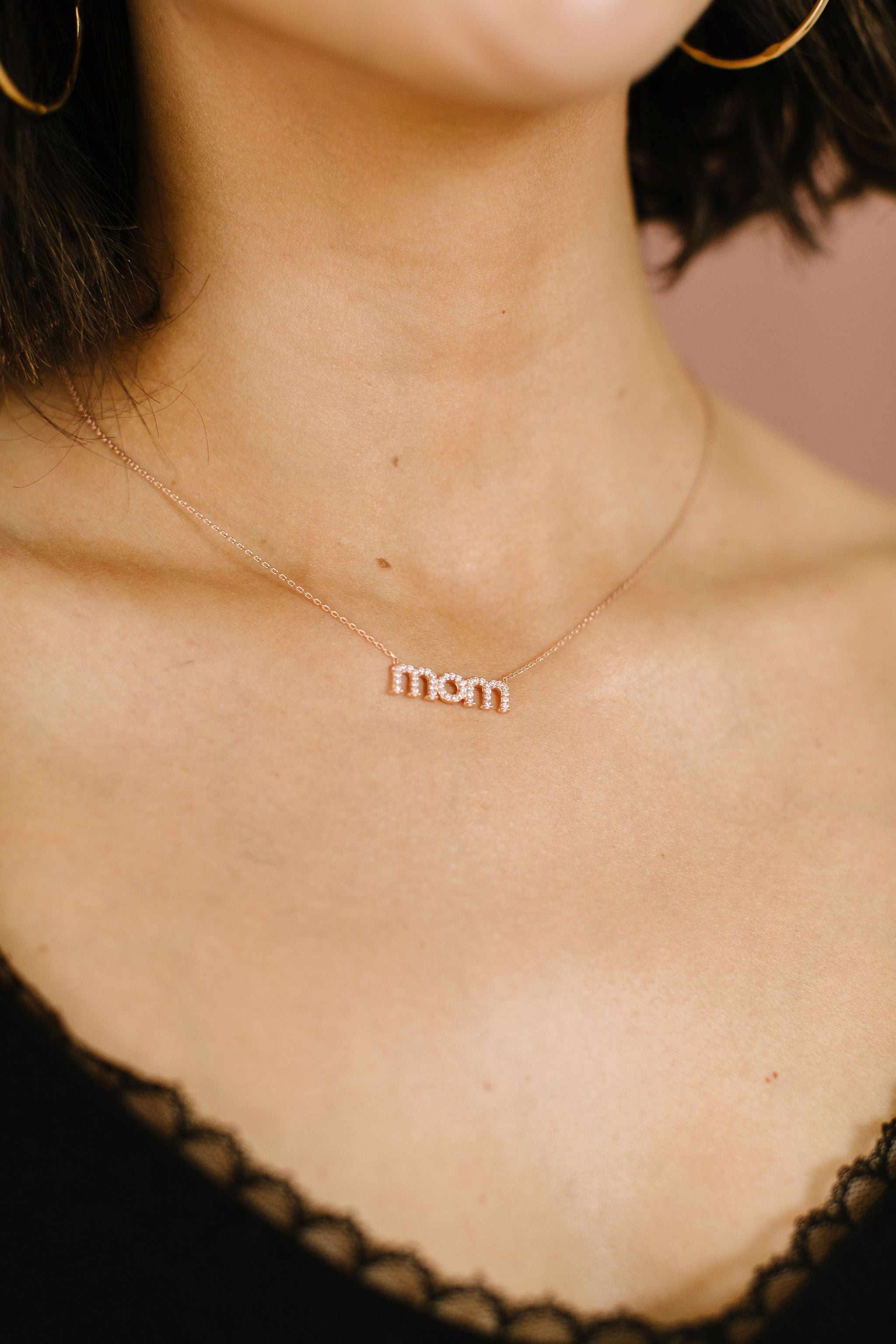 Rhinestone Mom Necklace In Rose Gold