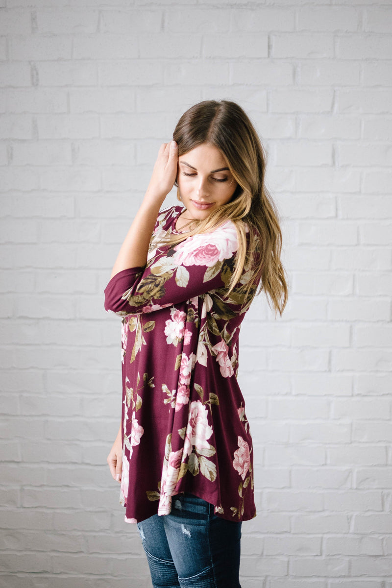 Monroe Floral Swing Blouse in Burgundy