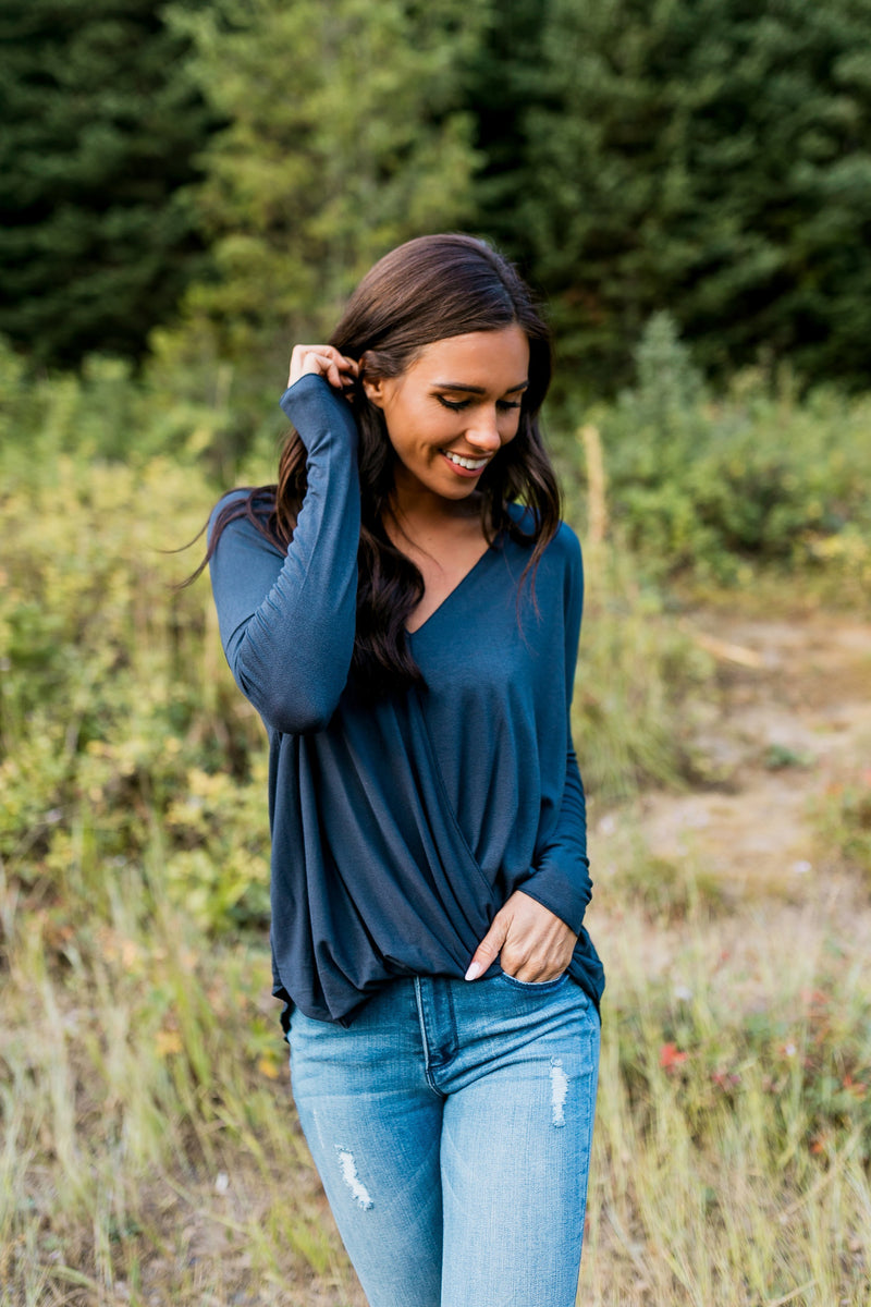 Moonlit Nights Wrap Top In Navy