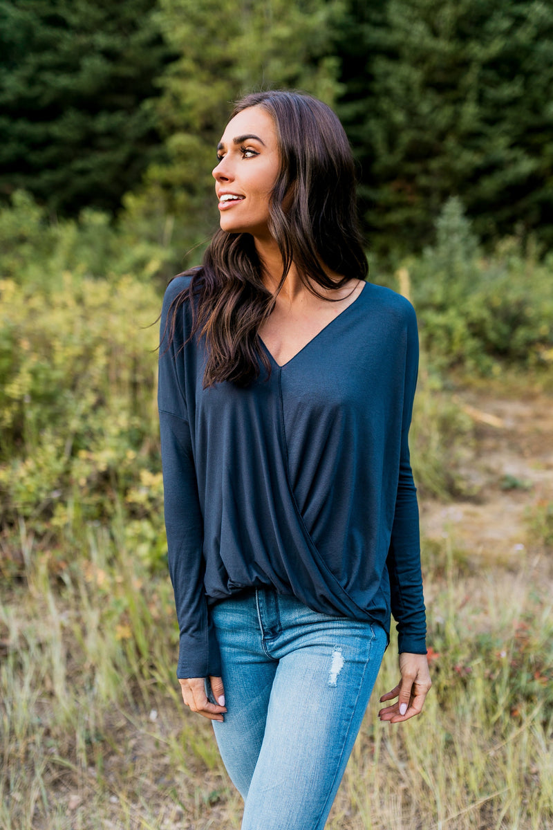 Moonlit Nights Wrap Top In Navy