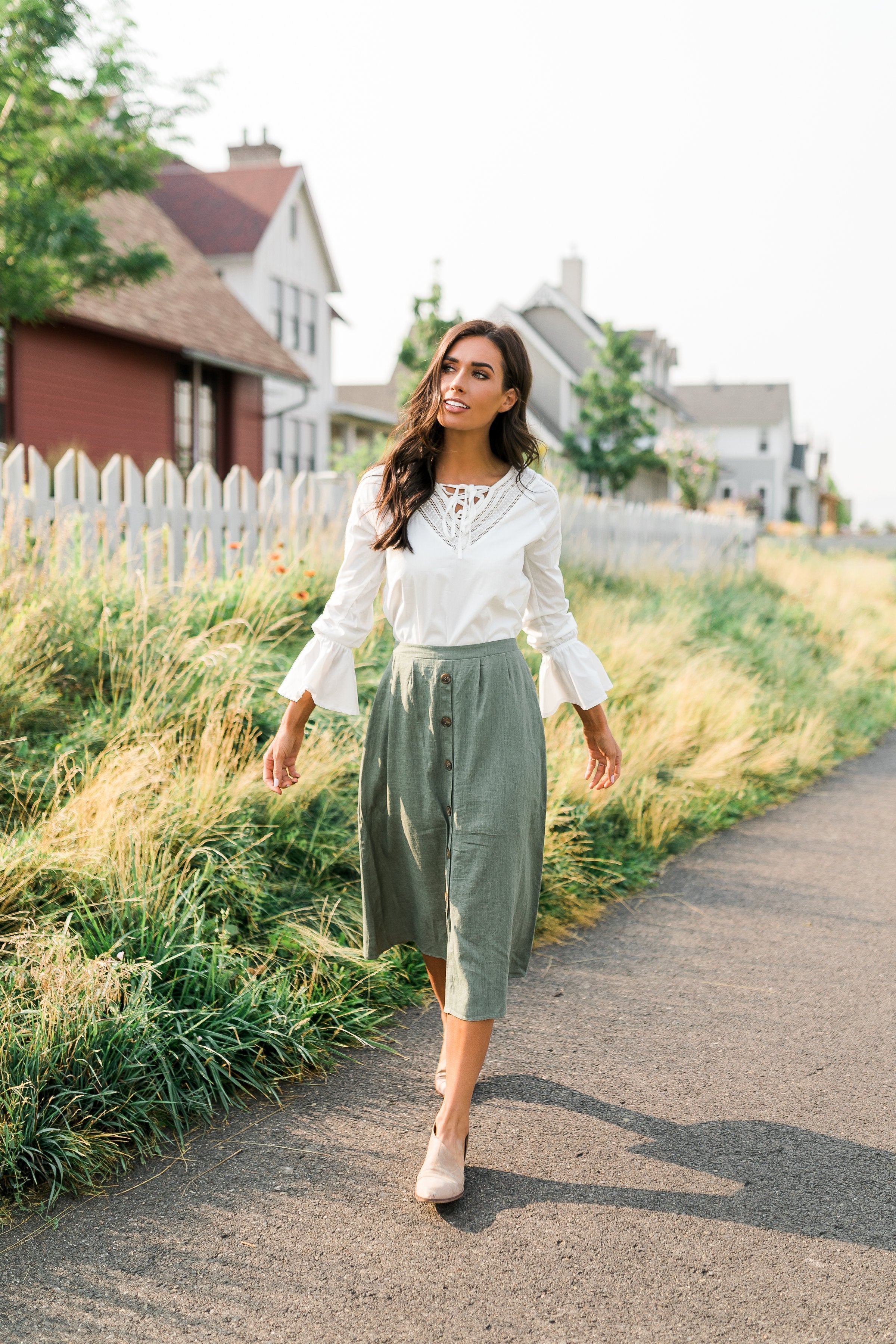 Olive Button Down Midi Skirt