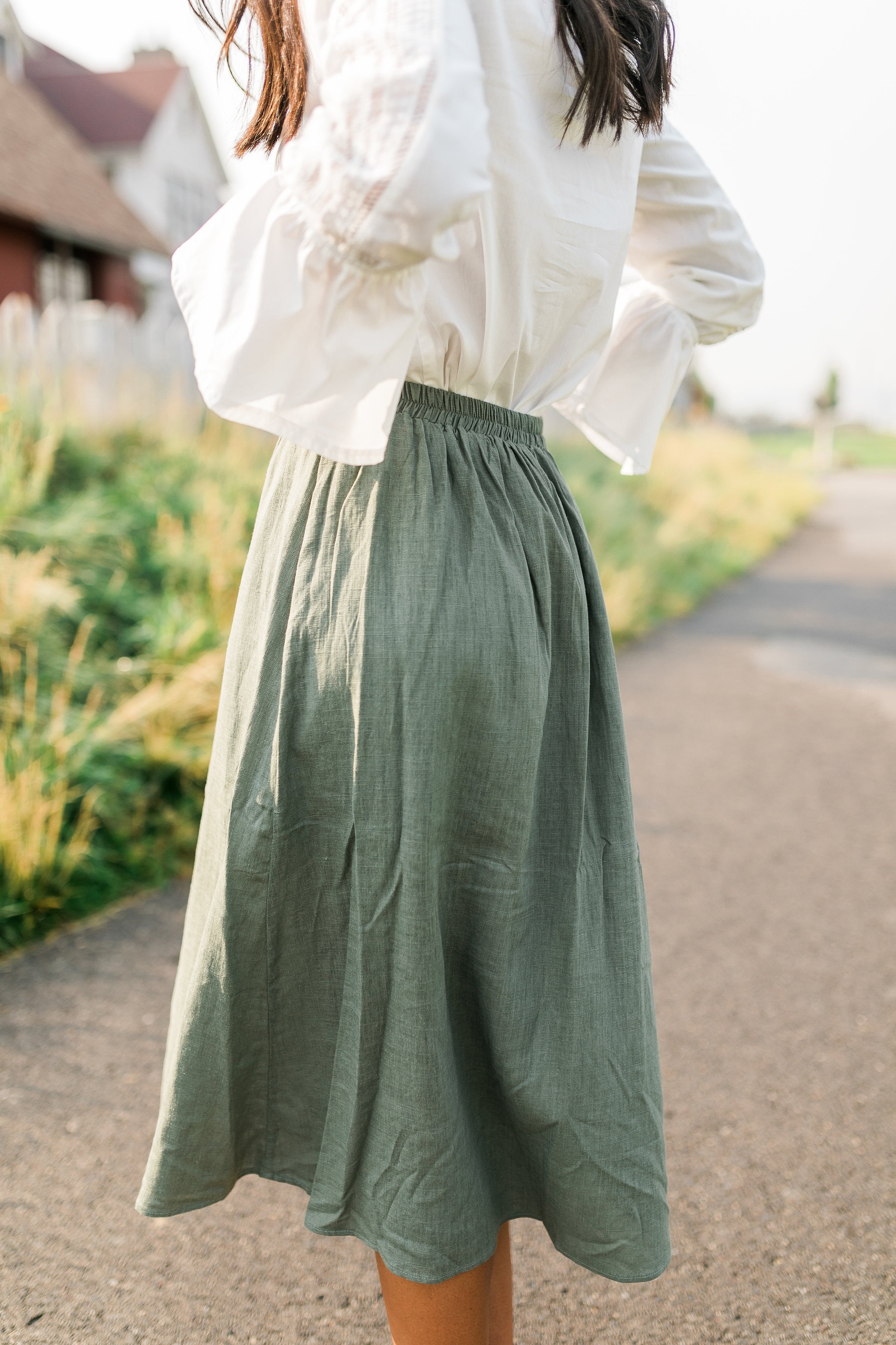 Olive Button Down Midi Skirt