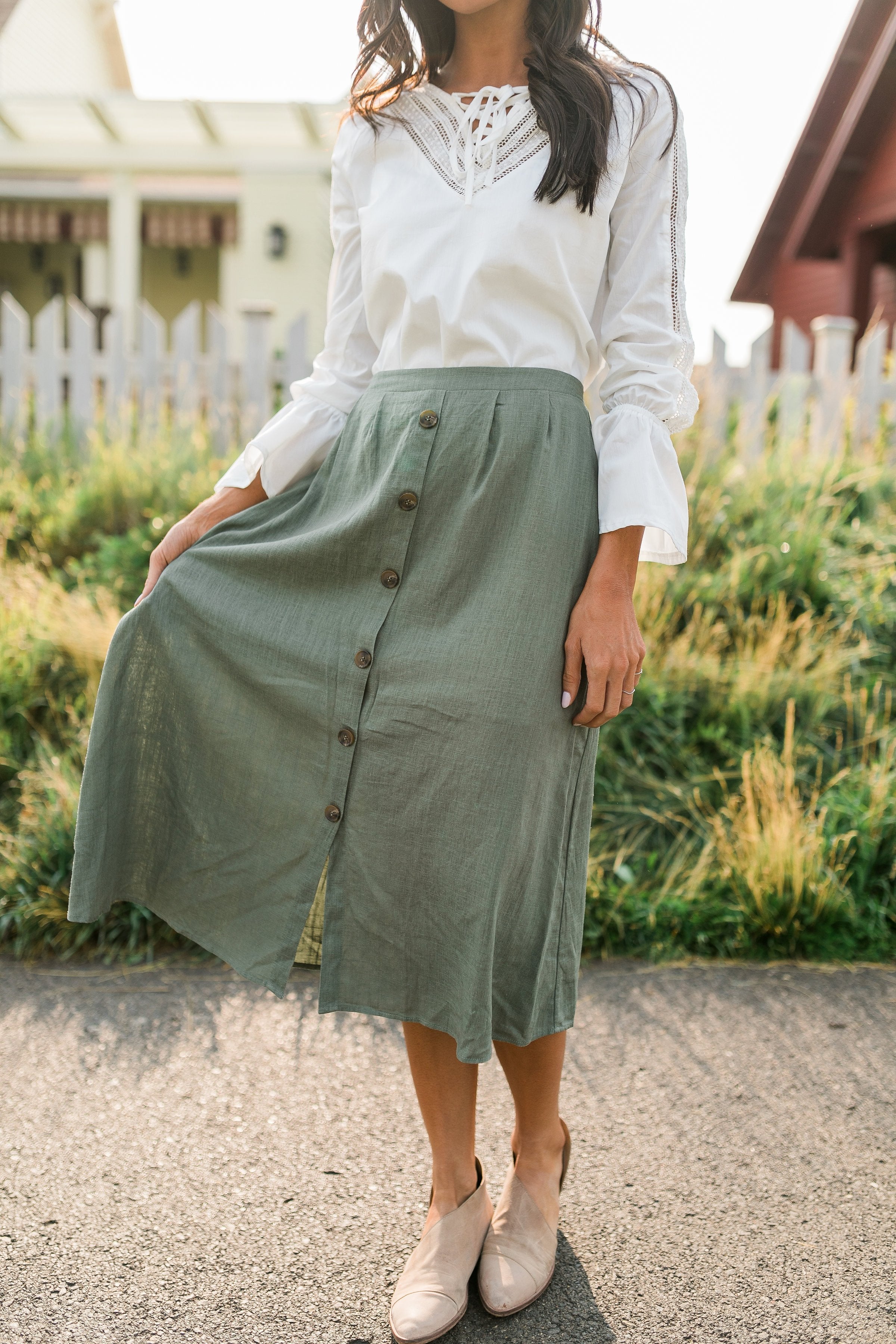 Olive Button Down Midi Skirt