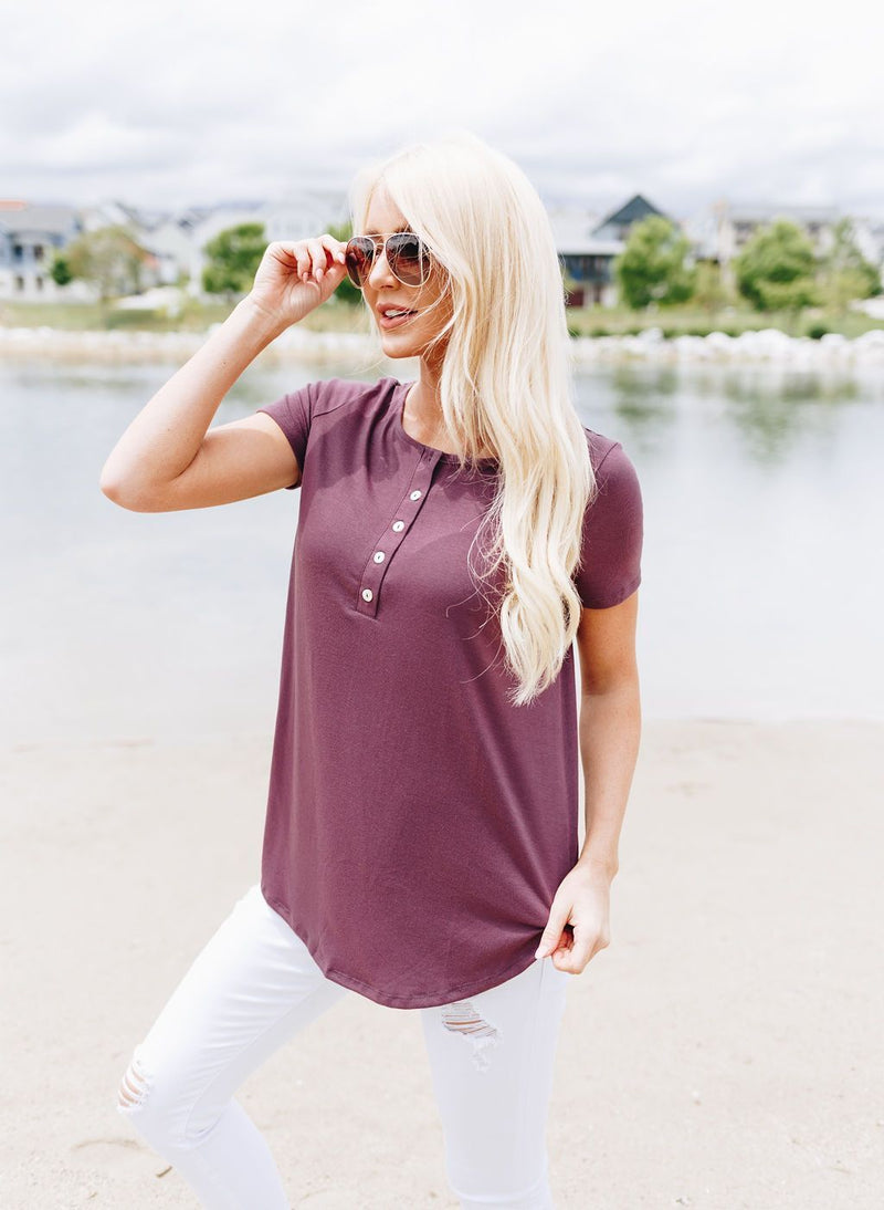 On The Button Basic Top In Plum