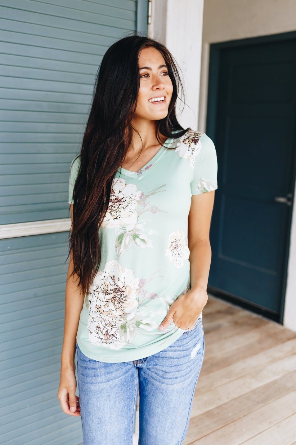 Oversized Floral Print V-neck In Mint