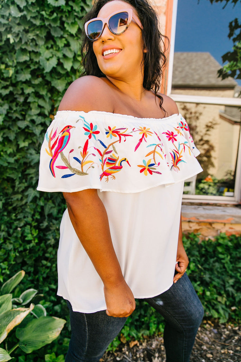 Paradise Found Embroidered Off-Shoulder Blouse