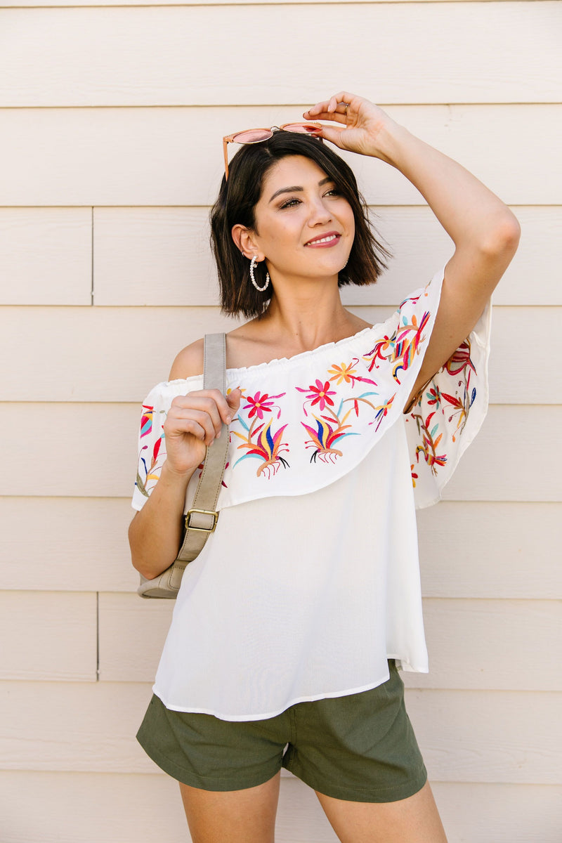 Paradise Found Embroidered Off-Shoulder Blouse
