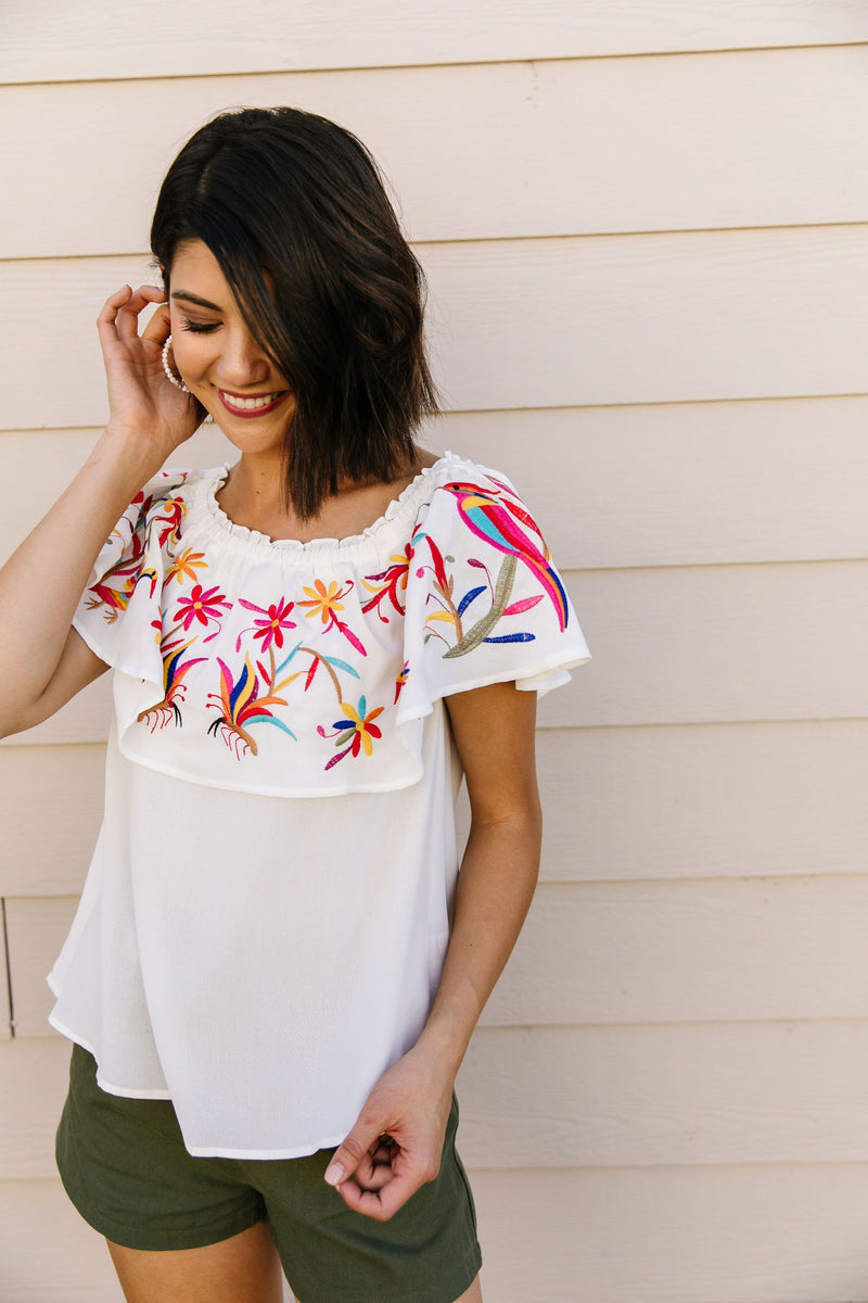 Paradise Found Embroidered Off-Shoulder Blouse