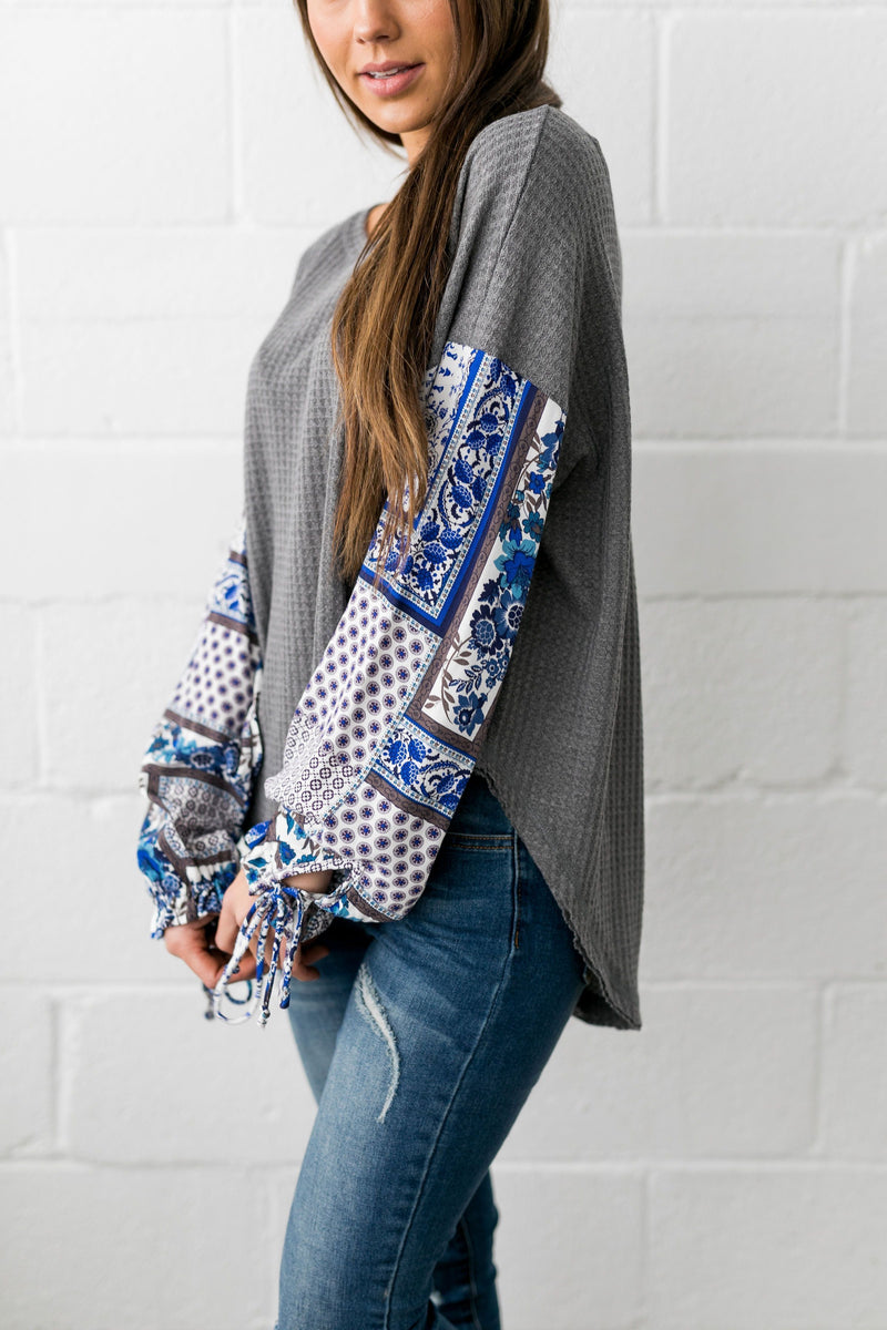 Patchwork Of Promises Top In Gray - ALL SALES FINAL