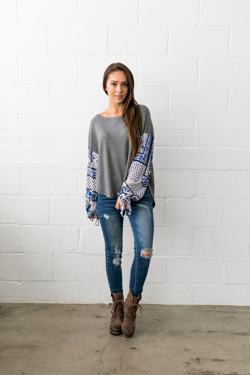 Patchwork Of Promises Top In Gray - ALL SALES FINAL