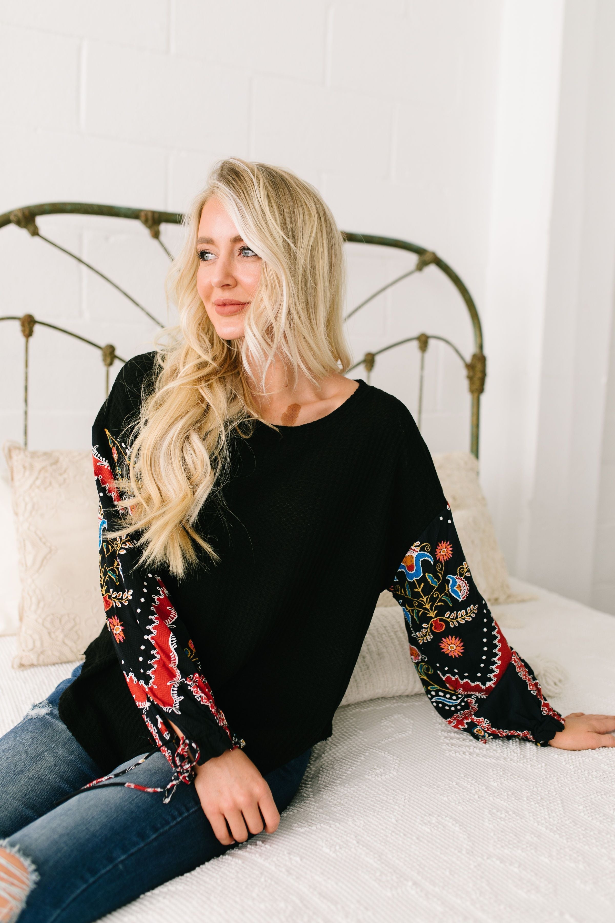 Patchwork Of Promises Waffle Knit Top In Black
