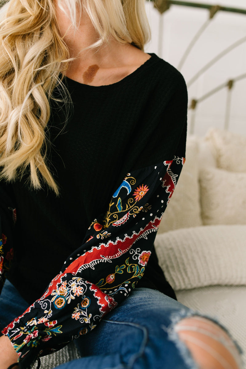 Patchwork Of Promises Waffle Knit Top In Black