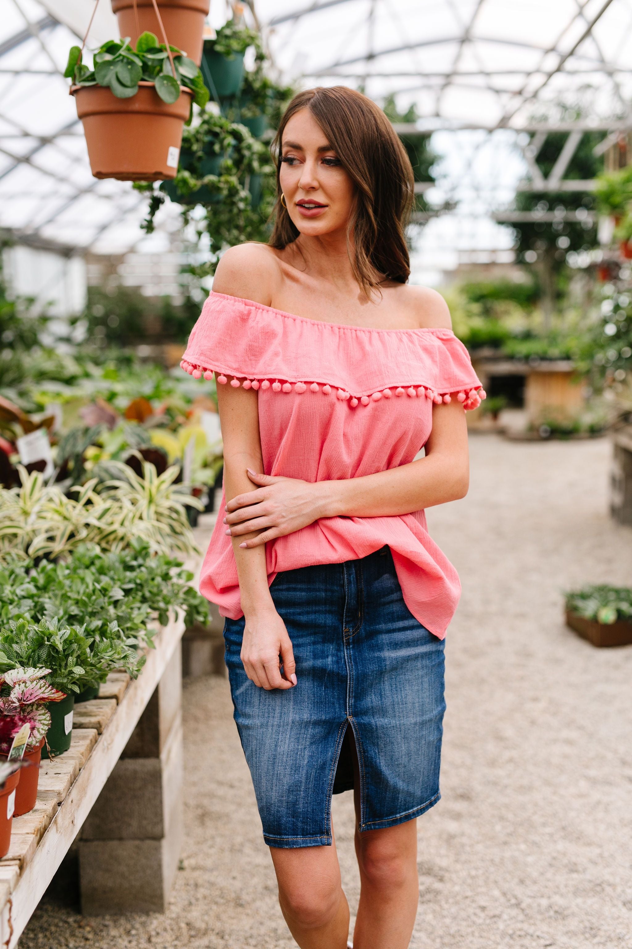Penelope Pom Pom Off Shoulder Top In Watermelon