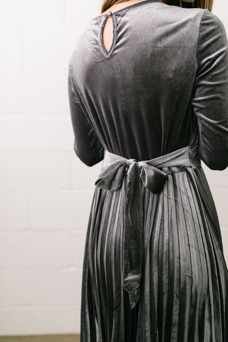 Perfectly Pleated Platinum Velvet Midi Dress