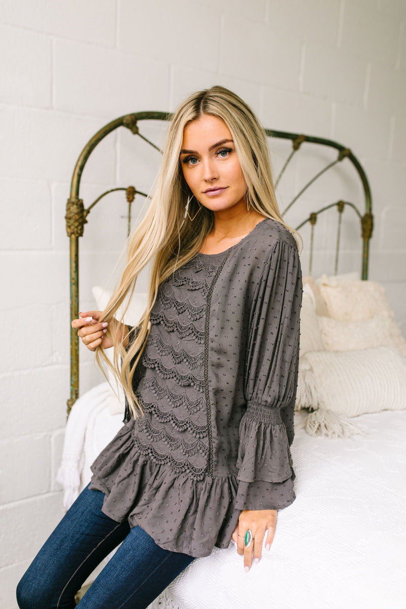 Play It Again Samantha Lace Top In Charcoal - ALL SALES FINAL