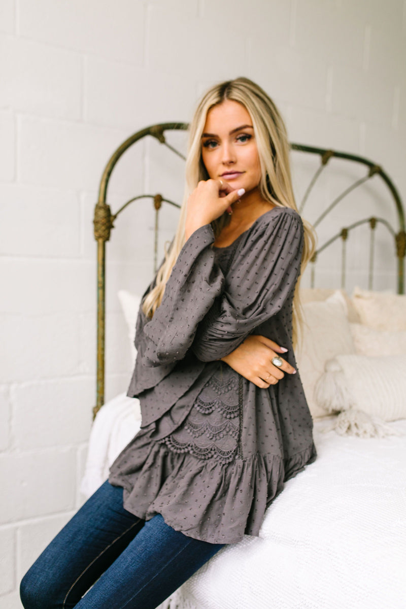 Play It Again Samantha Lace Top In Charcoal - ALL SALES FINAL