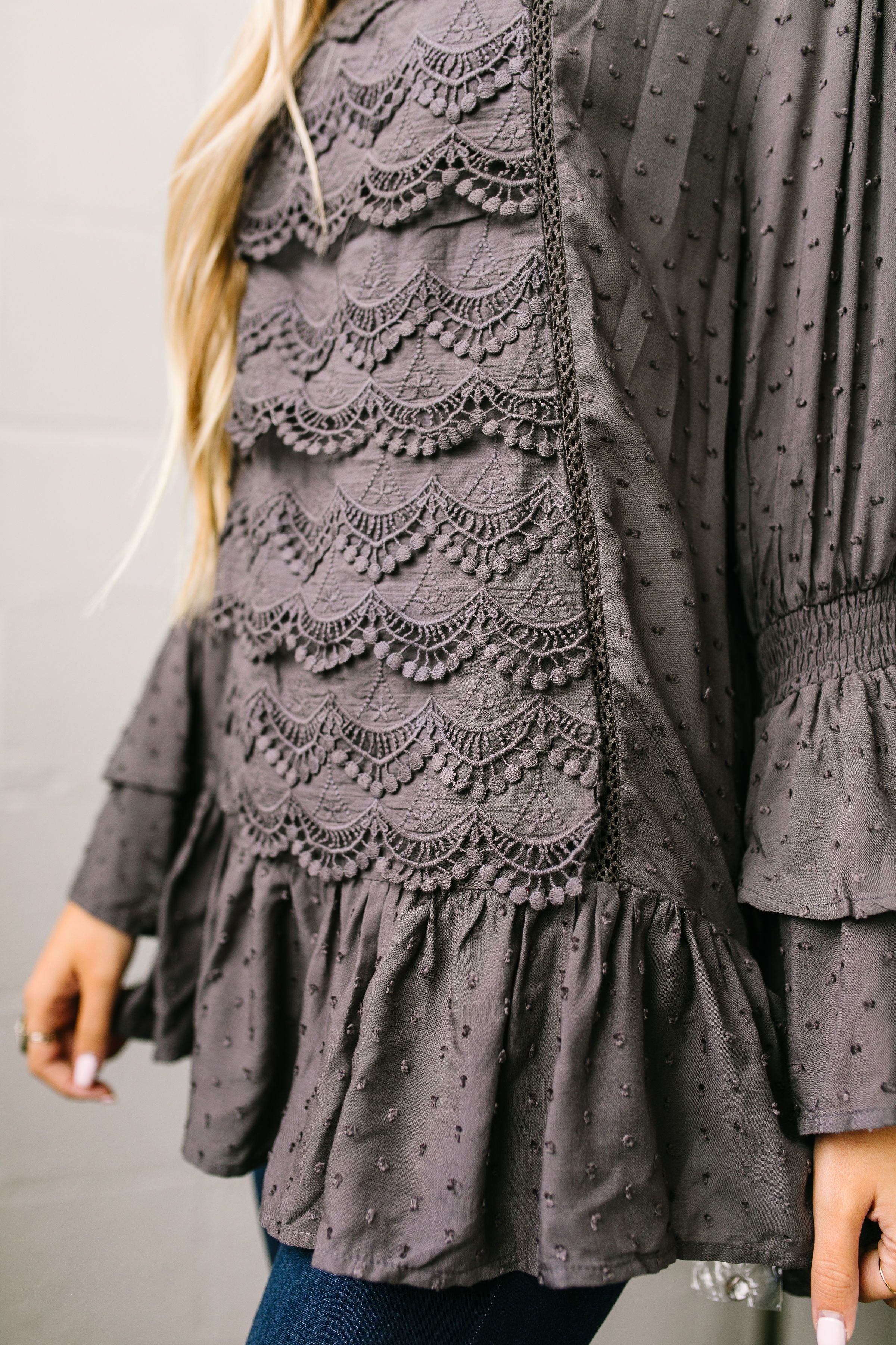 Play It Again Samantha Lace Top In Charcoal - ALL SALES FINAL