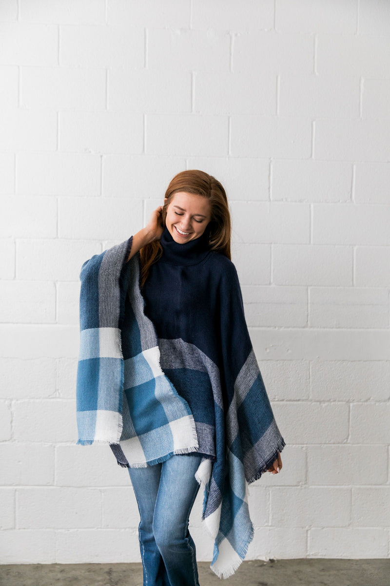 Playful Plaid Poncho in Navy - ALL SALES FINAL