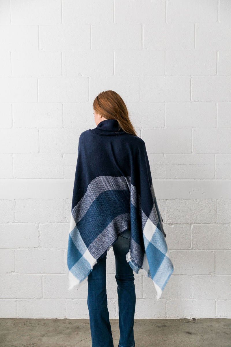 Playful Plaid Poncho in Navy - ALL SALES FINAL